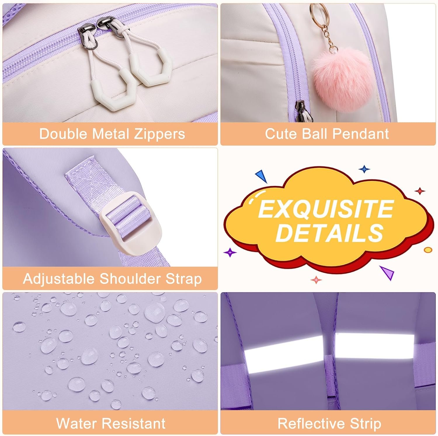 School Backpack for Teen Girls College Students, 15.6 Inch Cute Anti-Theft Bookbag for Middle High School, Large Ergonomic Shoulder Straps Daypack Travel Backpack, Pastel Lilac - Image 3
