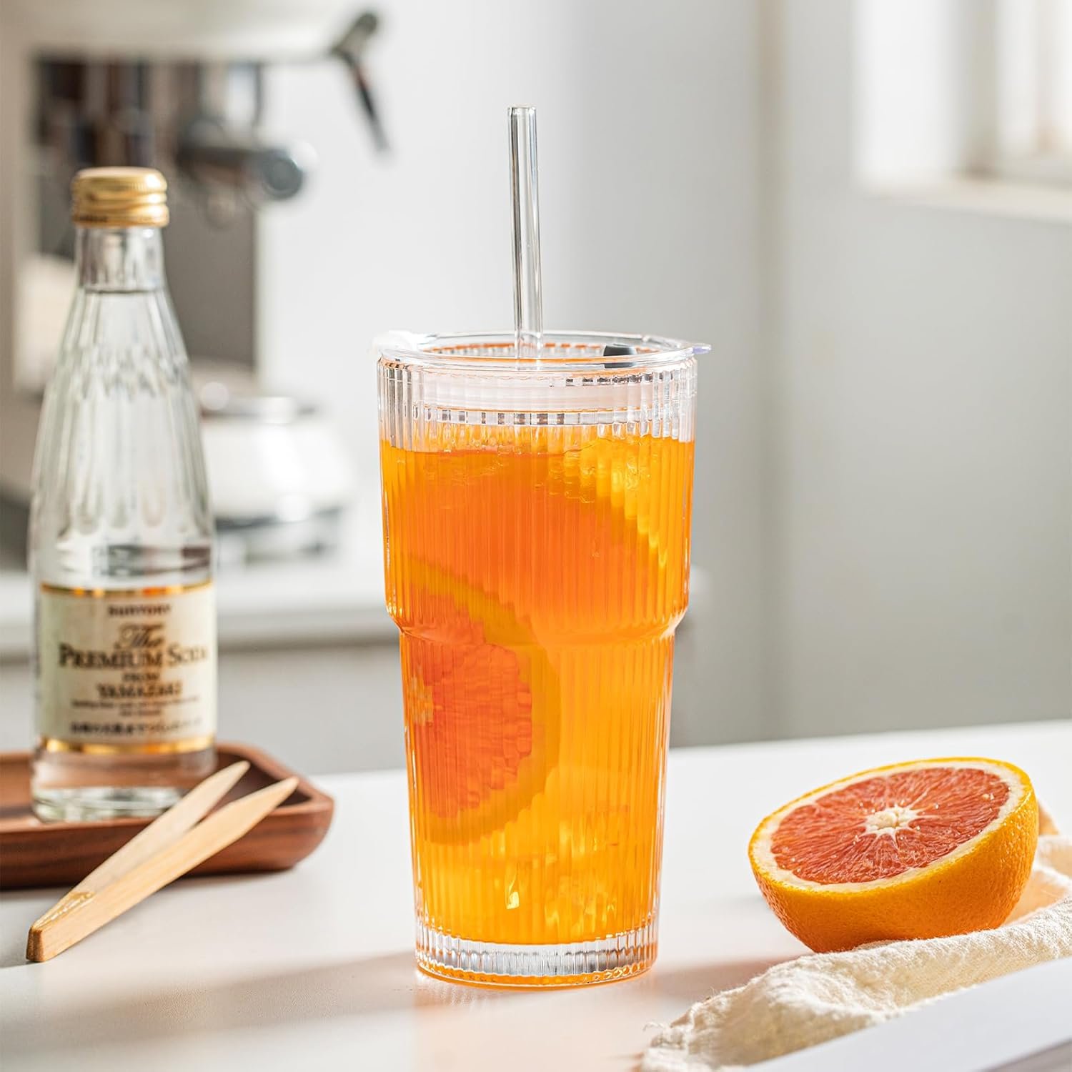 INSETLAN 20 oz Ribbed Glass Tumblers with Lids and Glass Straws – 4-Piece Glassware Set, Thickened Wall, Ideal for Iced Coffee, Smoothies, Cocktails, and Juices – Elegant and Durable Drinkware - Image 3