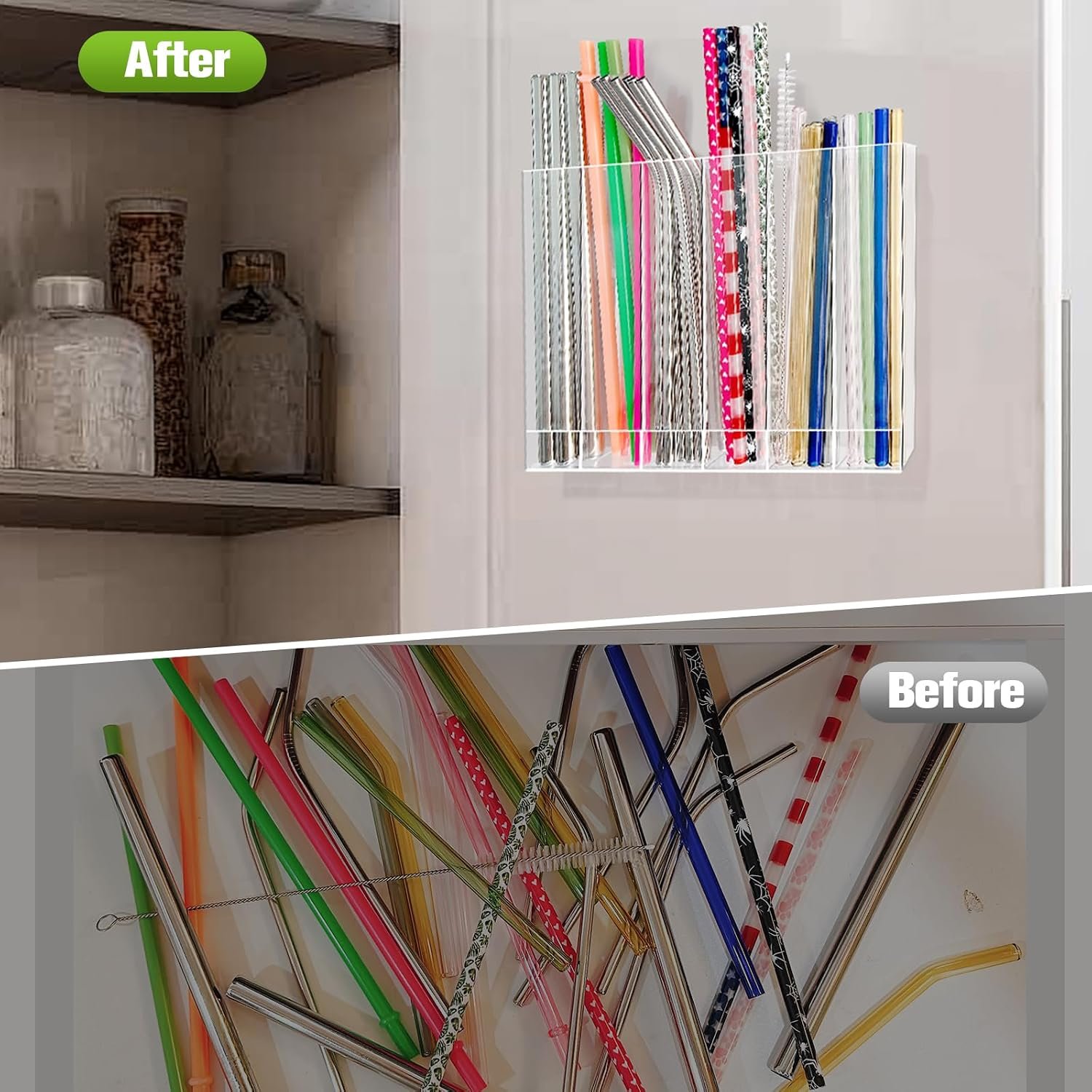 9.6” Large Acrylic Straw Holder for Cabinet Door - 6 compartments, easy to clean, Reusable Tumbler Straw Organizer Storage, Small Kitchen Accessories Container, Ultra Sticky Cupboard Door Mounted - Image 7
