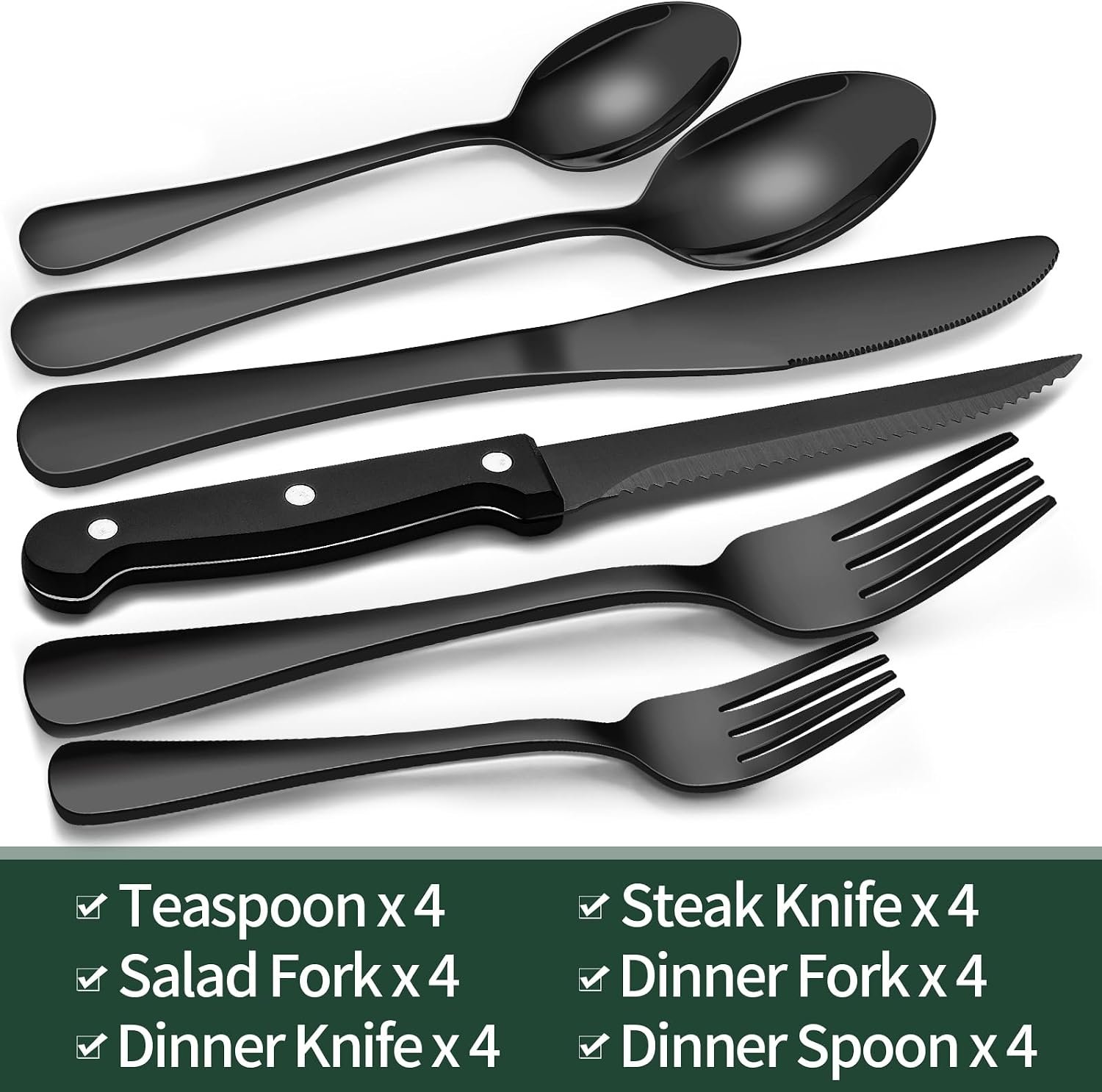 EWFEN 24-Piece Black Silverware Set with Steak Knives, Black Flatware Set for 4, Food-Grade Stainless Steel Tableware Cutlery Set, Mirror Finished Utensil Sets for Home Restaurant, Round Edge - Image 2