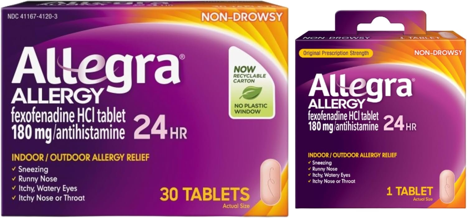 Allegra Adult 24-Hour Allergy Relief Tablets, Non-Drowsy Indoor and Outdoor Allergy Medicine, 180 mg Fexofenadine HCI Antihistamine Pill, 30 Count Plus 1 Count Travel Pack