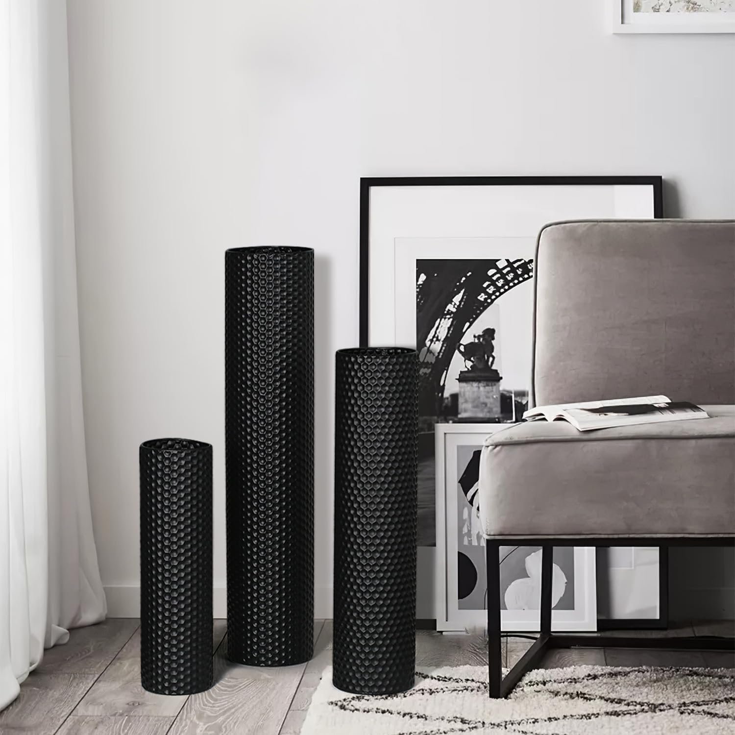 Dnnnii Tall Floor Vases Set of 3 - Black Metal Cylinder Vases for Living Room Corner, Modern Honeycomb Texture, Extra Large Standing Decor (Tallest 27.6in, Home Bedroom Dining Decor) - Image 5