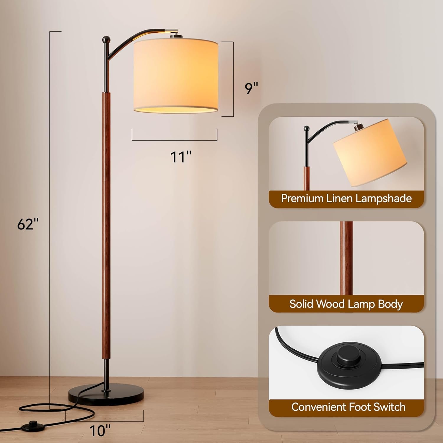 Arc Floor Lamp, Corner Mid Century Modern Floor Lamp, Standing Lamp with Adjustable Hanging Lampshade and Marble Base, Floor Lamps for Living Room, Bedroom, Office, Walnut Brown - Image 5