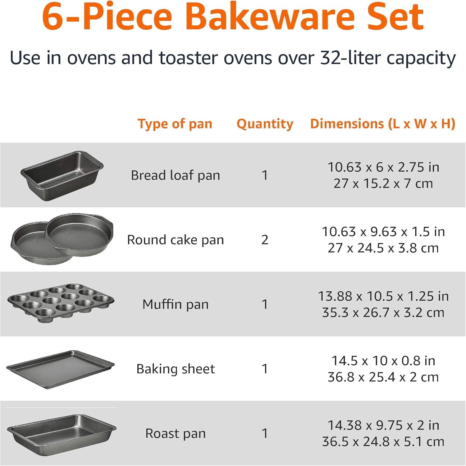 Amazon Basics 6 Piece Nonstick Carbon Steel Bakeware Set with Cake, Muffin, Cookie, and Loaf Pans, Easy Release, Oven Safe, 16.25 x 11.75 x 6.25 inches - Image 4