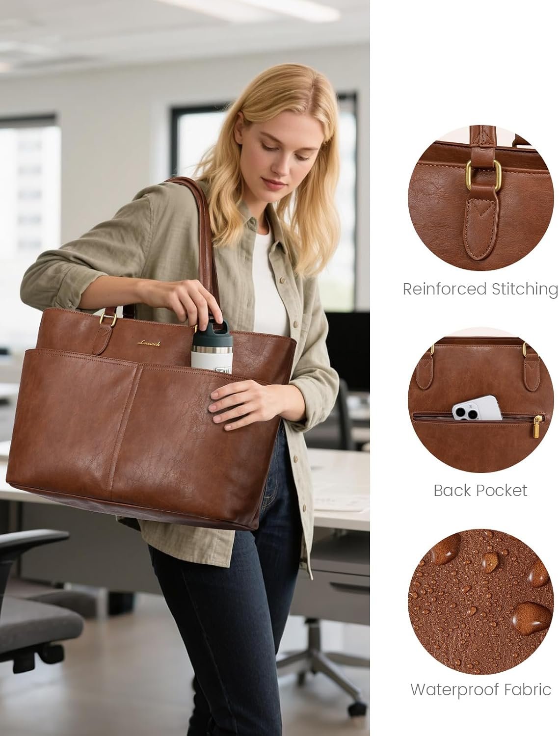 LOVEVOOK Work Tote Bags for Women, Vintage Leather 15.6 Inch Laptop Bag with Large Cup Holder, Teacher Nurse Medical Professional Computer Bag, Office Briefcase Handbag Gift - Image 6