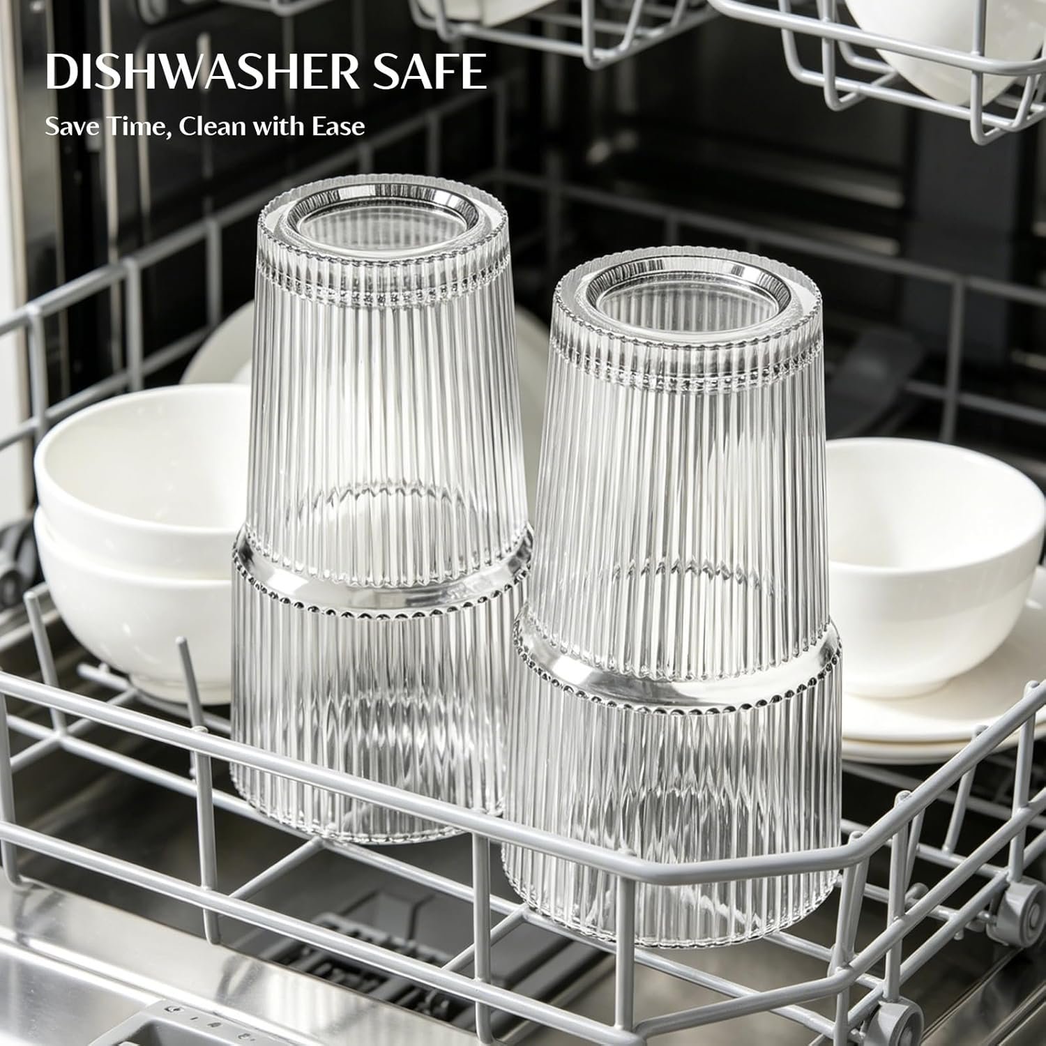 INSETLAN 20 oz Ribbed Glass Tumblers with Lids and Glass Straws – 4-Piece Glassware Set, Thickened Wall, Ideal for Iced Coffee, Smoothies, Cocktails, and Juices – Elegant and Durable Drinkware - Image 9