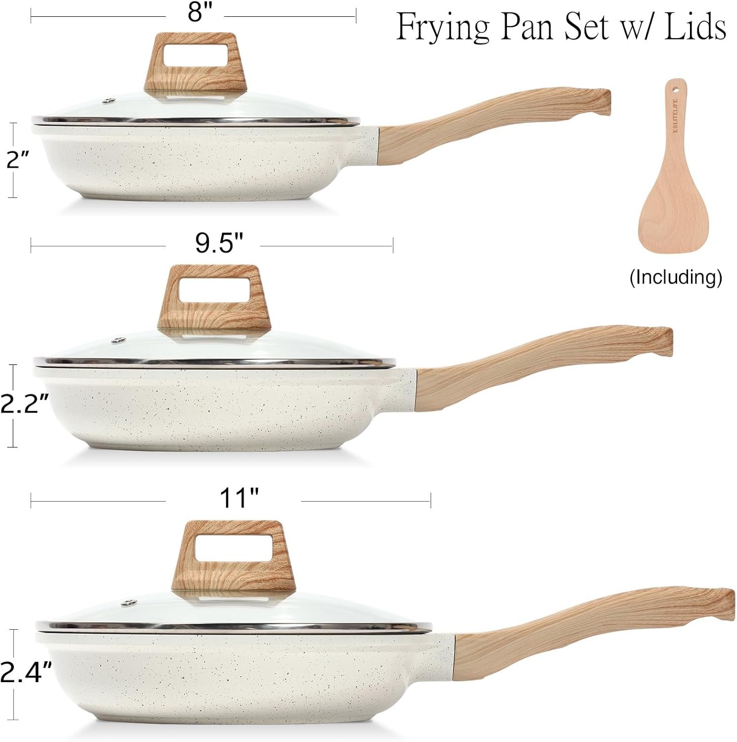 ESLITE LIFE Nonstick Ceramic Frying Pans Skillets Set with Lids, Non-Toxic Egg Omelette Kitchen Cooking Pans Compatible with All Stovetops (Gas, Electric & Induction), PTFE & PFOA Free (White) - Image 2