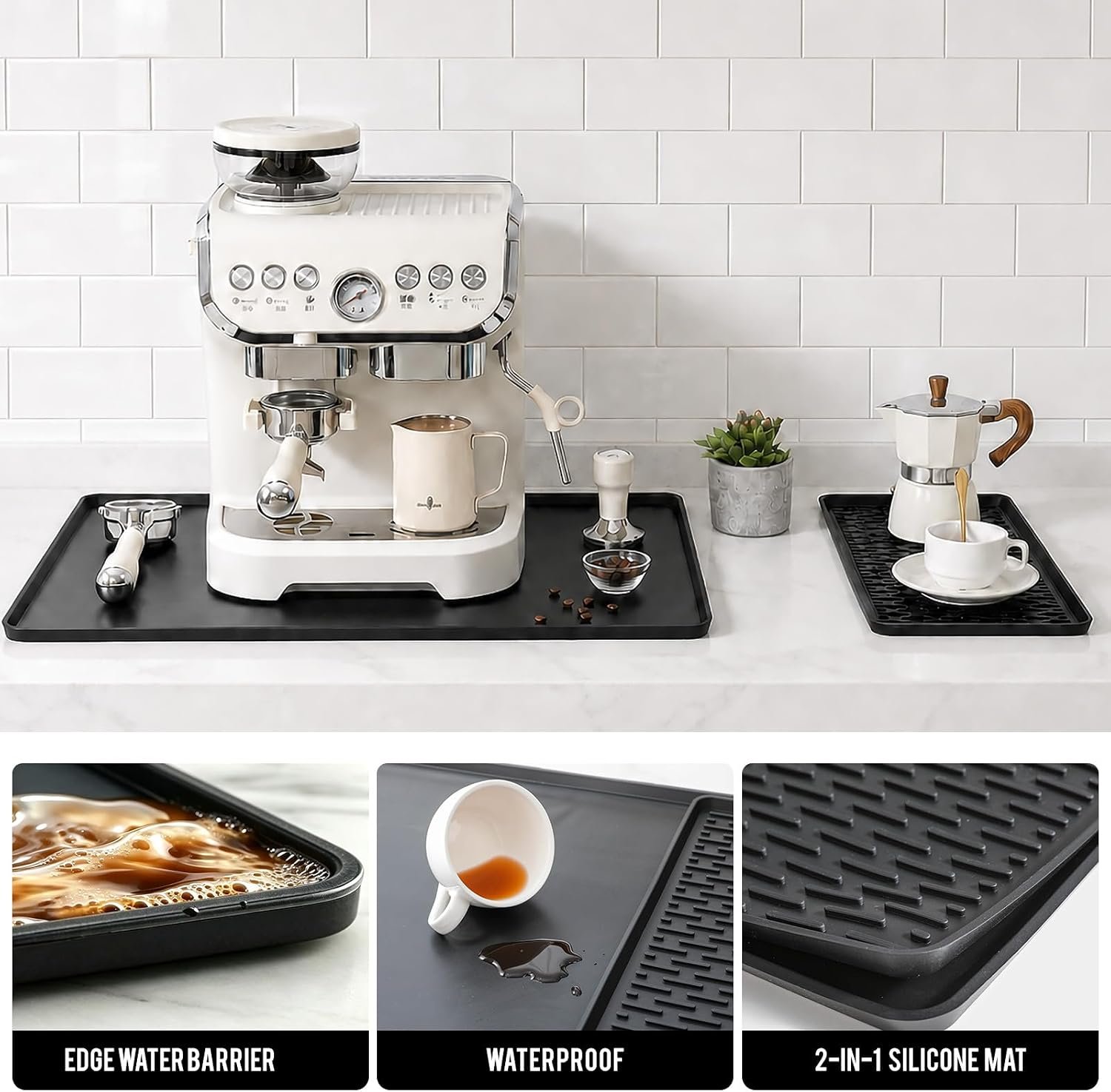 Caketime 2 In 1 Silicone Coffee Bar Mat Accessories for Ninja Coffee Maker with Detachable Dish Drying Rug Kitchen Counter Under Sink Drainer Appliances Dorm Room Decor 16"x24" Extra Large Black - Image 5
