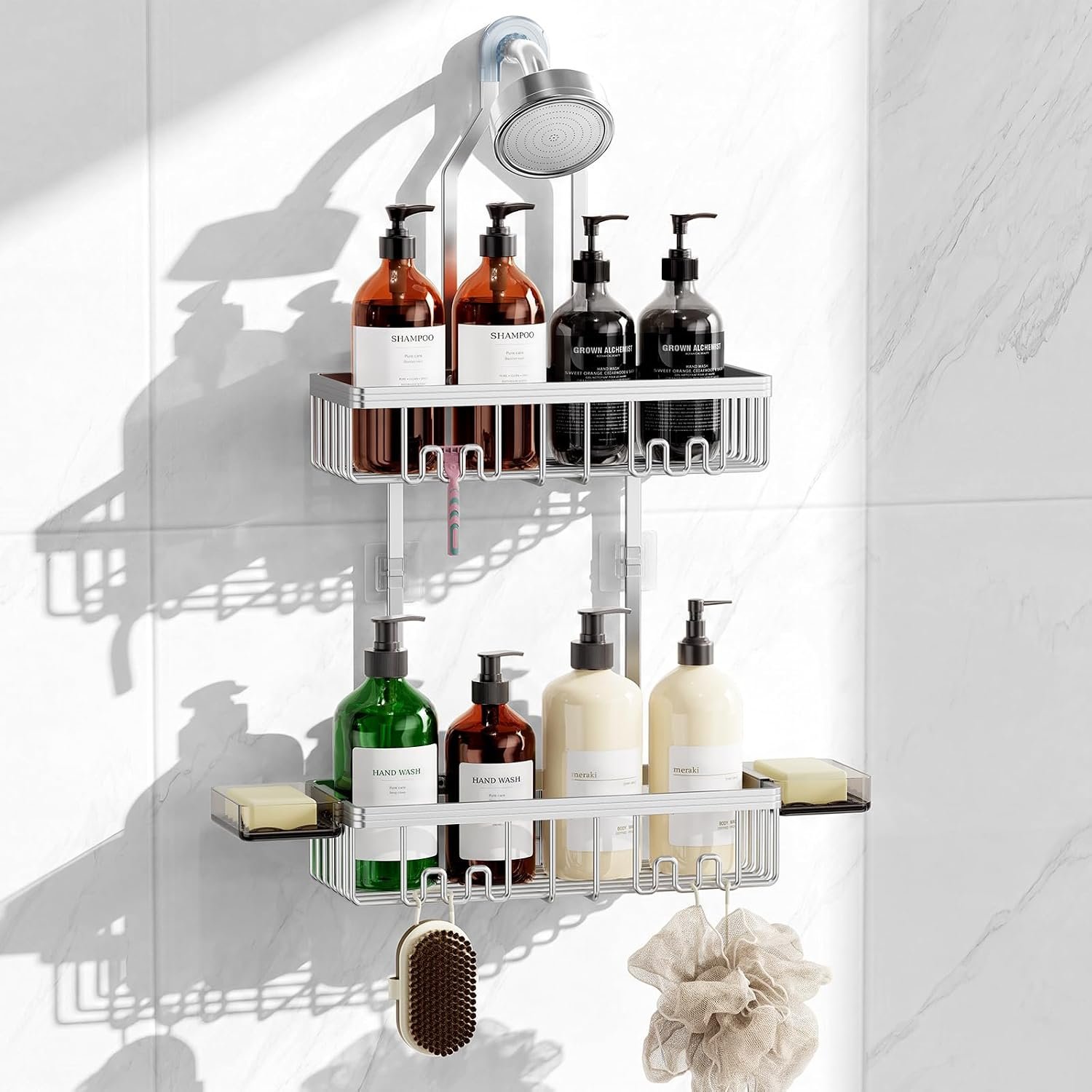 Shower Caddy Hanging, Never Rust Shower Organizer Hanging, Aluminum Shower Racks for Inside Shower with Hooks for Razor, Bathroom Organizers and Storage with Soap Holder, Bright Silver