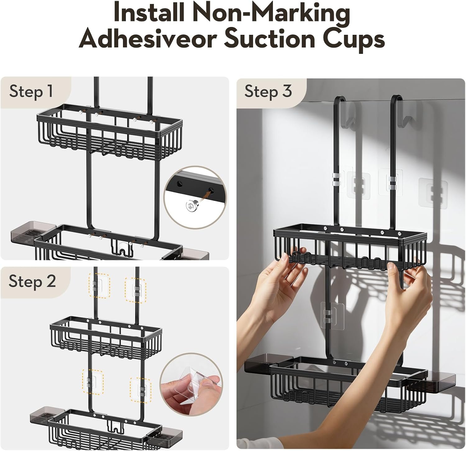 Over the Door Shower Caddy Hanging With Double Soap Holder Never Rust Aluminum Shower Shelf With 4 Hooks Hanging Bathroom Organizer No Drilling Shelves for Bathroom Storage Black - Image 8