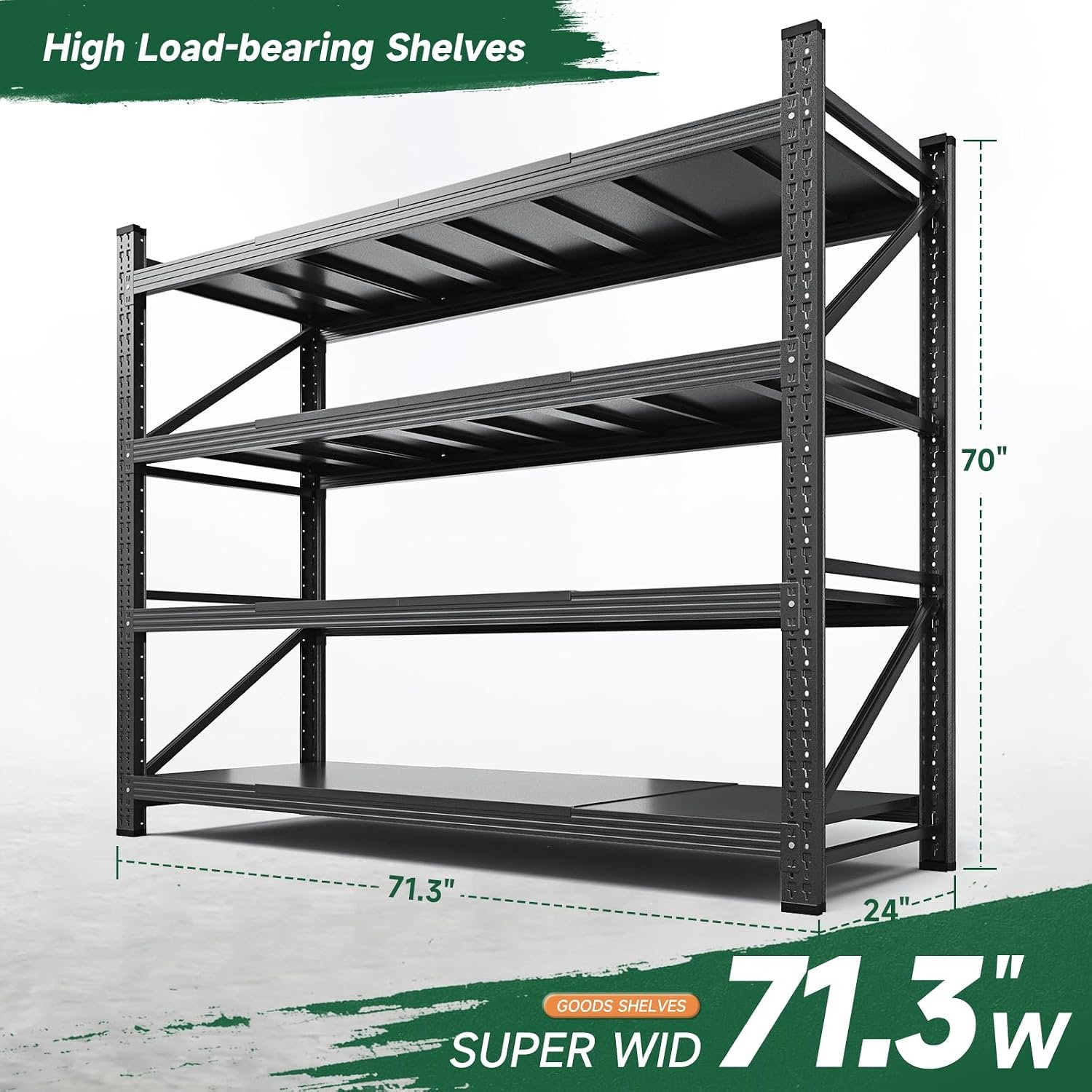 Letaya 71.3" W Metal Storage Shelves,5000LBS Heavy Duty Garage Shelving Units, 4 Tier Adjustable Utility Rack Shelf,Large Industrial Shelves,for Shop,Warehouse,Black (71.3" W x 24" D x 70" H) - Image 2