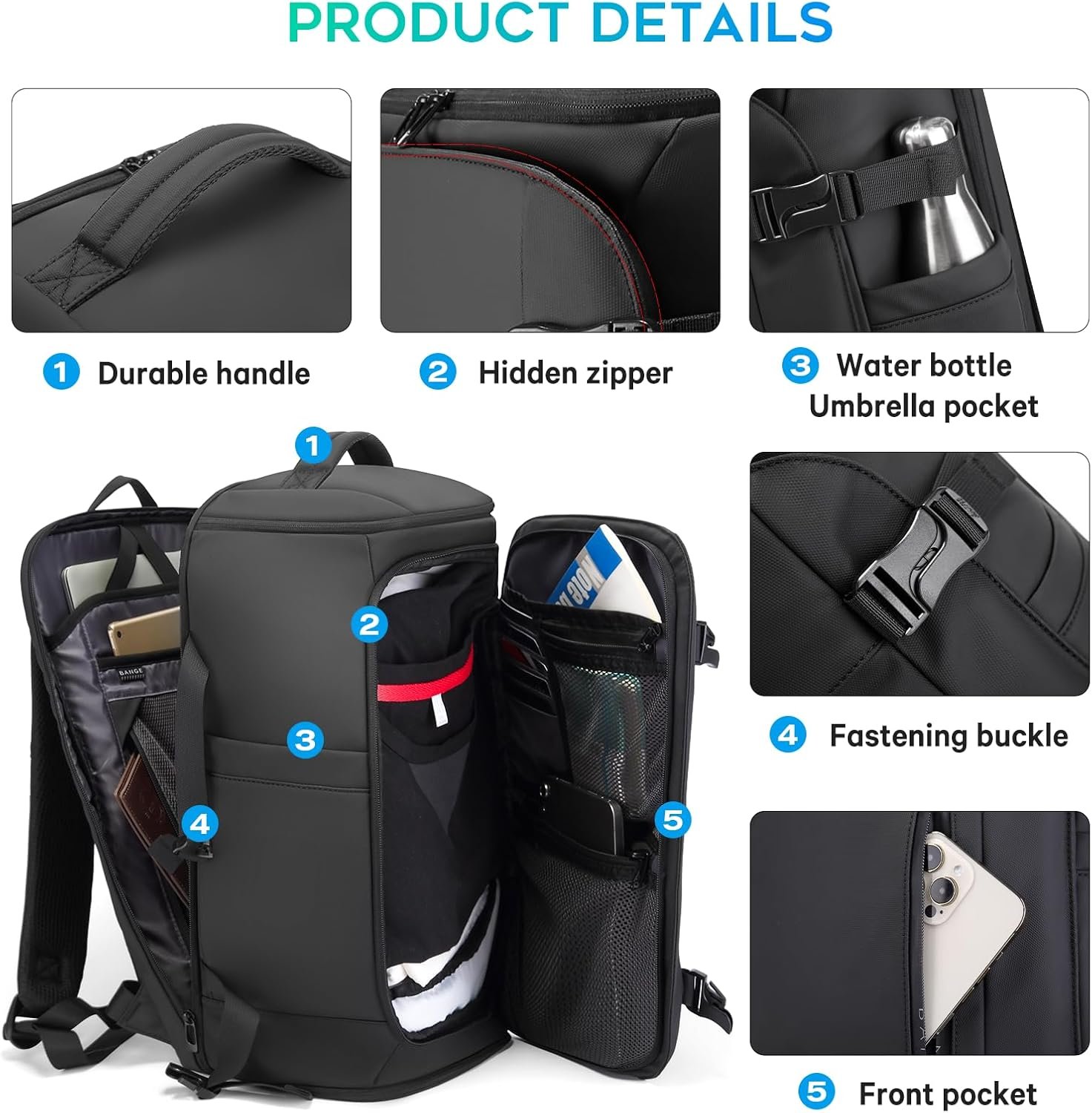 BANGE 40L Travel Backpack with Shoe Compartment, Large Capacity Weekender Bag Daypack Fits 17.3 Inch Laptop, Carry-on Luggage Backpack with Water Bottle Holder for Traveling, Hiking, Business - Image 4