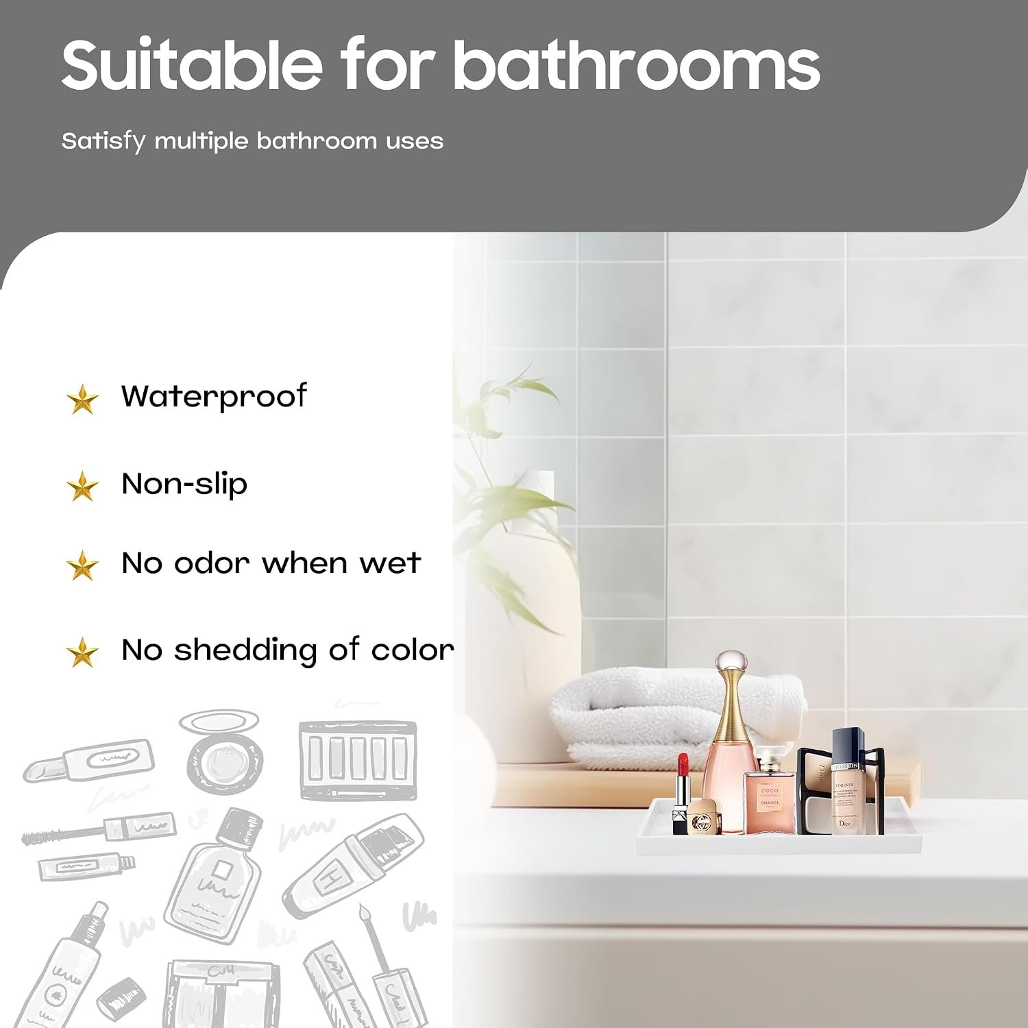 Vanity and Bathroom Tray, 7.7" ABS Countertop Organizer,Waterproof Vanity Tray for Toilet Tank,Perfume,Soap,Keys,Bathroom Accessories,Kitchen and Bath Trays,Non Slip Small Trays,White - Image 2