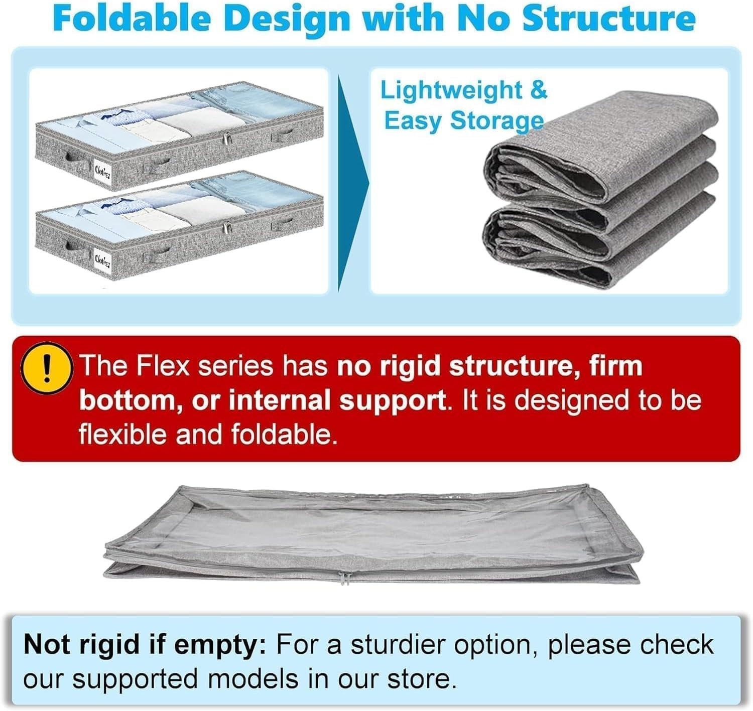 3 Inch Low Profile Under Bed Storage Drawer 2 Pack, Lightweight Underbed Clothes Storage Container Bins With NO STURCTURE, Shallow Storage Bag for Dorm & Home, With Clear Lids & Water-Resistant Fabric - Image 5