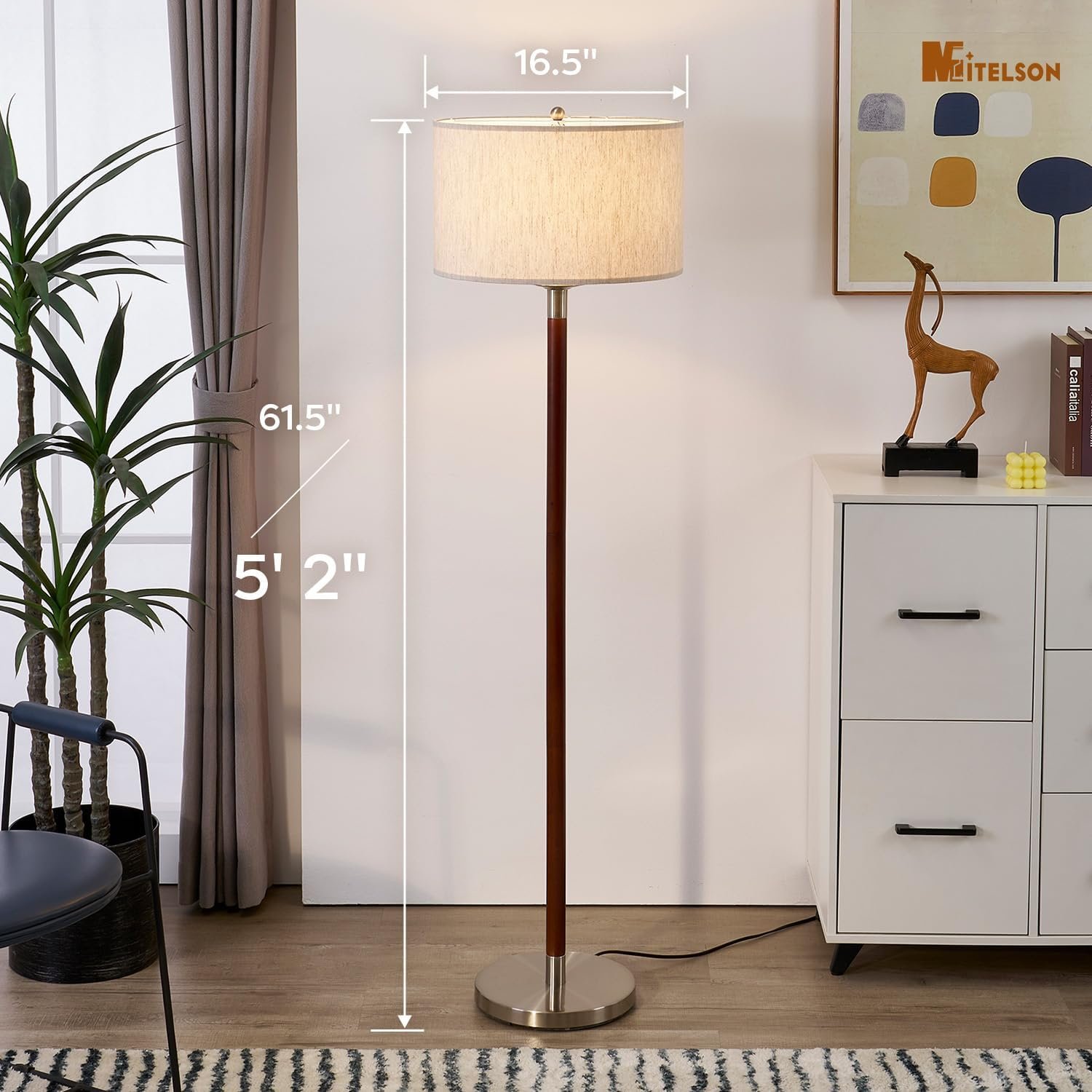 Walnut Brown Modern Floor Lamp for Living Room, Dimmable Tall Standing Lamp with Linen Shade and Bulb, Mid Century Rustic Farmhouse Floor Lamp for Bedroom Office Corner - Image 7
