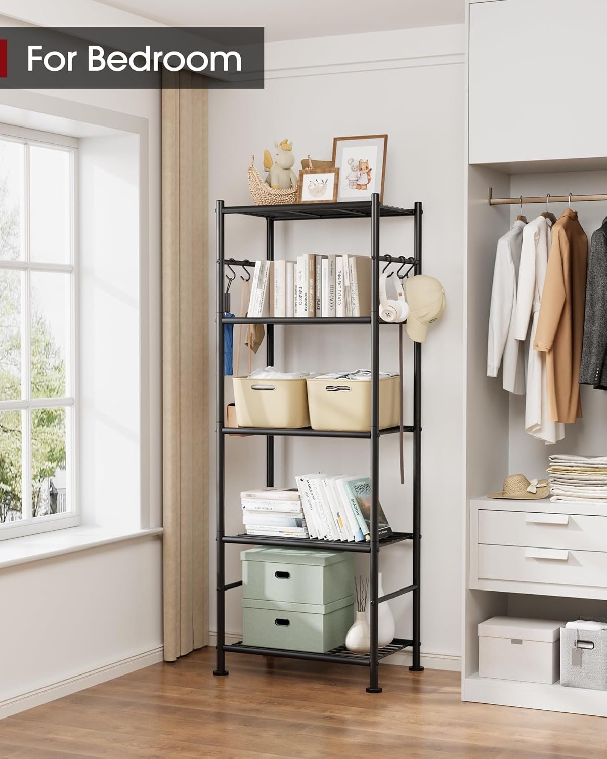 Sakugi 5-Tier Storage Rack Organizer with Hooks, Heavy Duty Metal Garage Rack with Leveling Feet, Freestanding Utility Rack for Bedroom, Balcony and Garage, 18.1"×12.4"×56.8", Black - Image 2