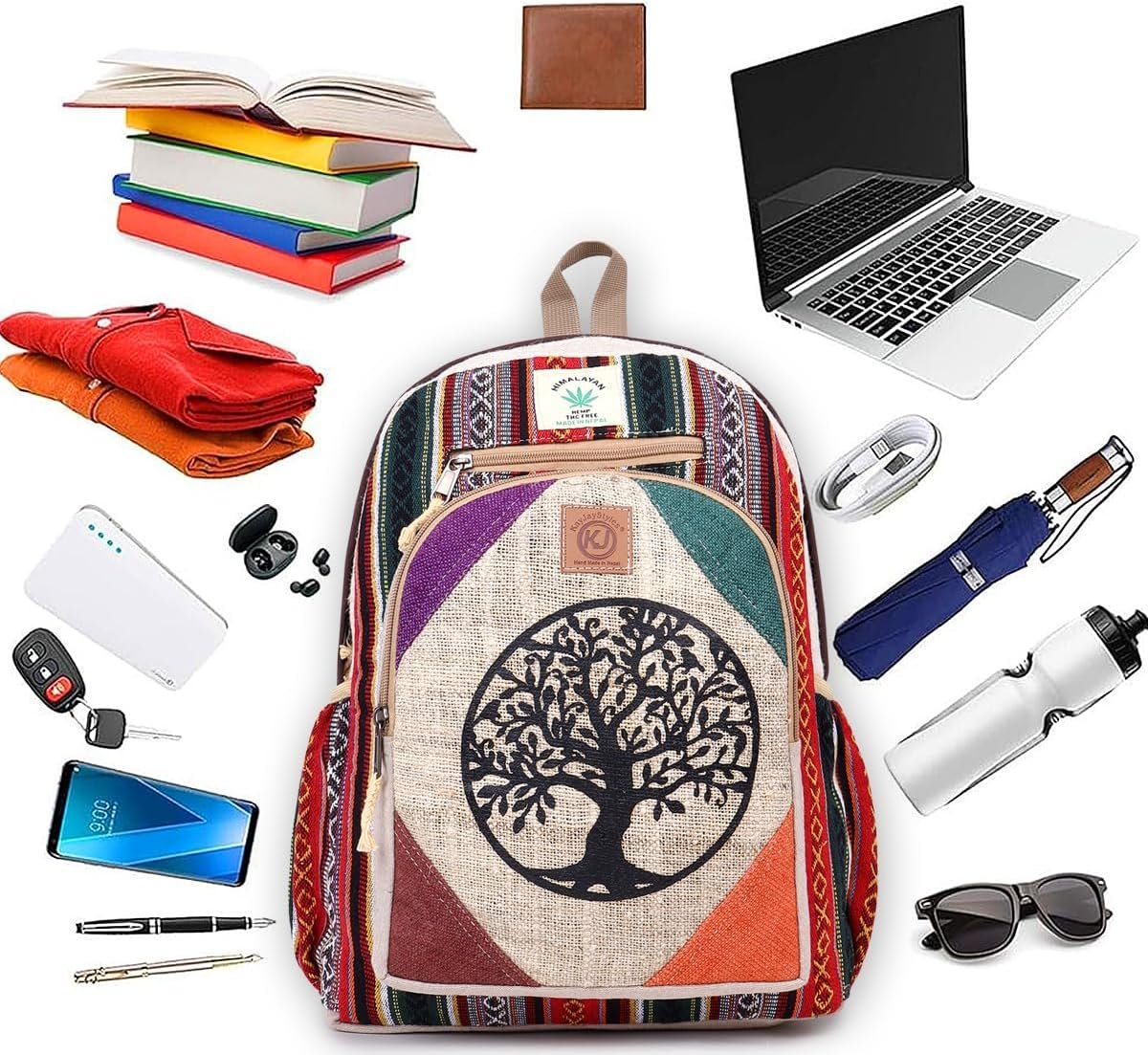 Natural Handmade Large Multi Pocket Hemp Nepal Backpack (Tree Of Life) - Image 4