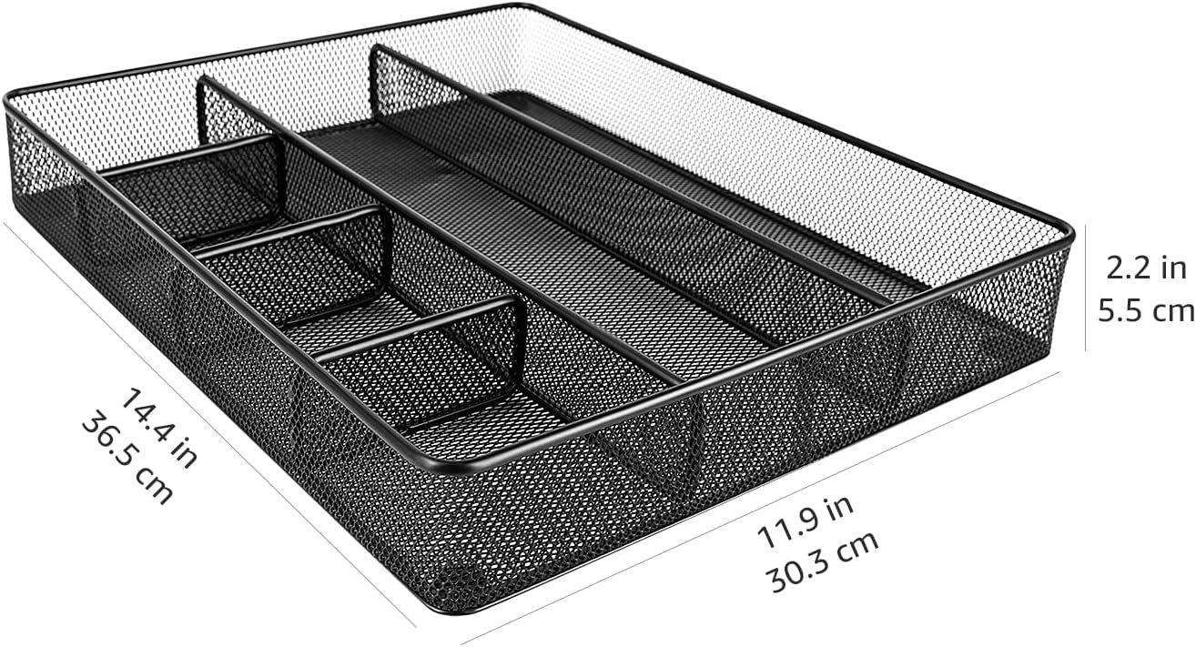 Amazon Basics Metal Mesh Desk Organizer with 6 Compartments, Anti-Slip Pen Holder Storage Tray for Office Supplies and Home, Black - Image 4