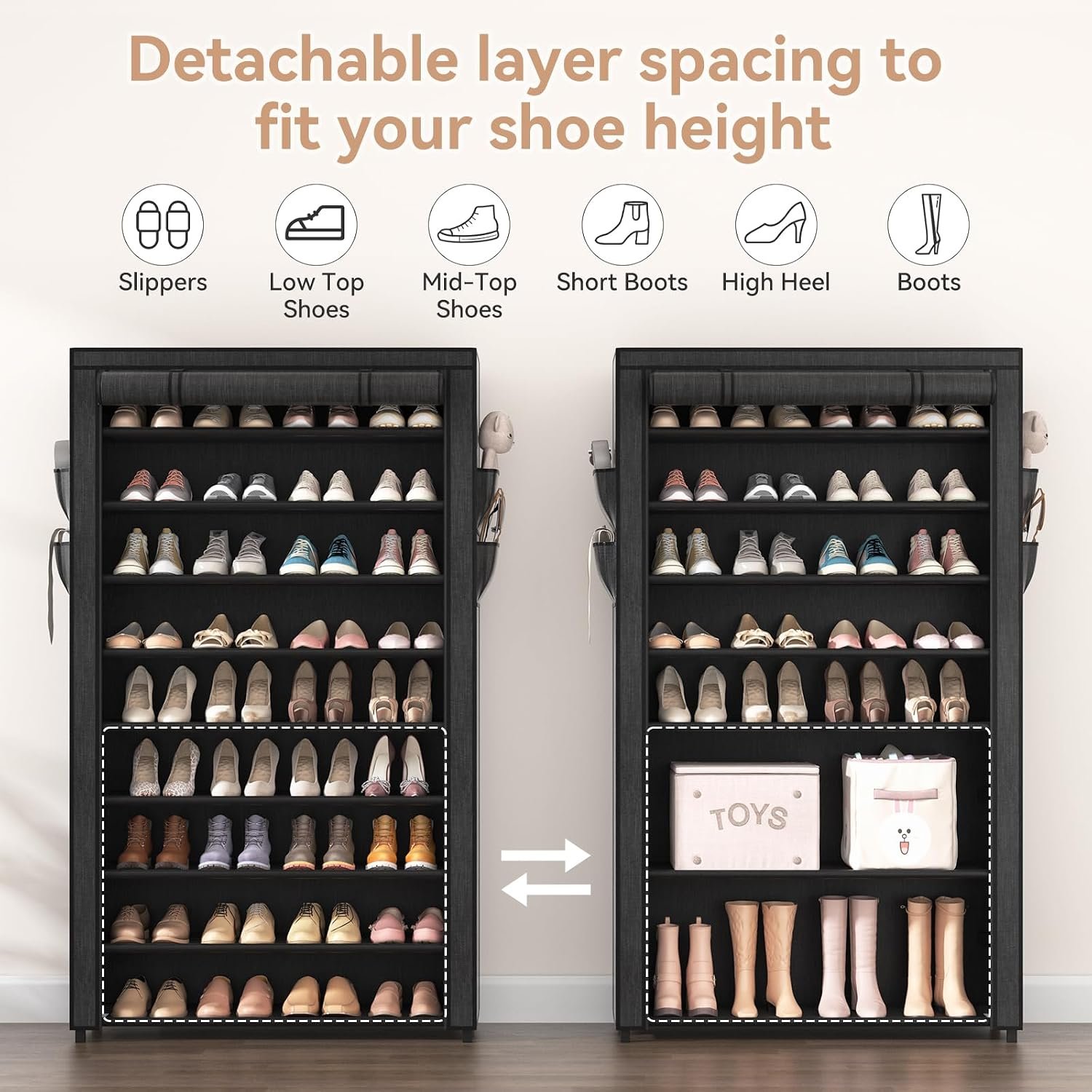LANTEFUL Shoe Rack with Covers - 10 Tiers Tall Shoe Rack Organizer Large Capacity Shoe Shelf Storage 40 Pairs Space Saving Vertical Shoe Storage Organizer for Closet, Entryway, Dorm, Bedroom - Image 6