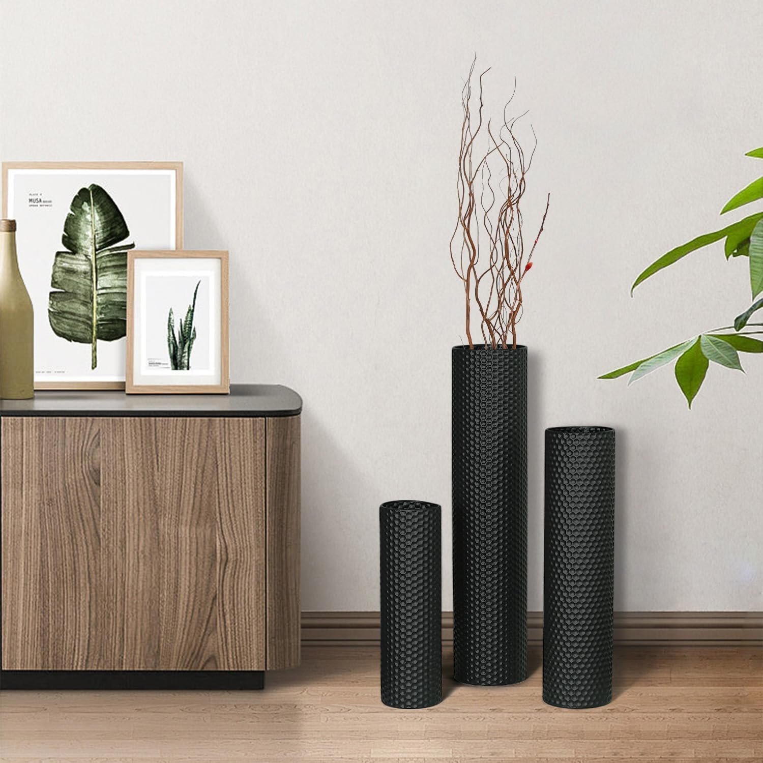 Dnnnii Tall Floor Vases Set of 3 - Black Metal Cylinder Vases for Living Room Corner, Modern Honeycomb Texture, Extra Large Standing Decor (Tallest 27.6in, Home Bedroom Dining Decor) - Image 6