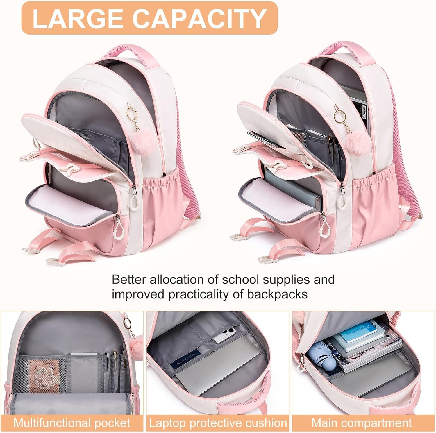 School Backpack for Teen Girls & College Students, 15.6 Inch Cute Anti-Theft Bookbag with Large Ergonomic Design, Middle High School Daypack Travel Backpack, Pink - Image 2