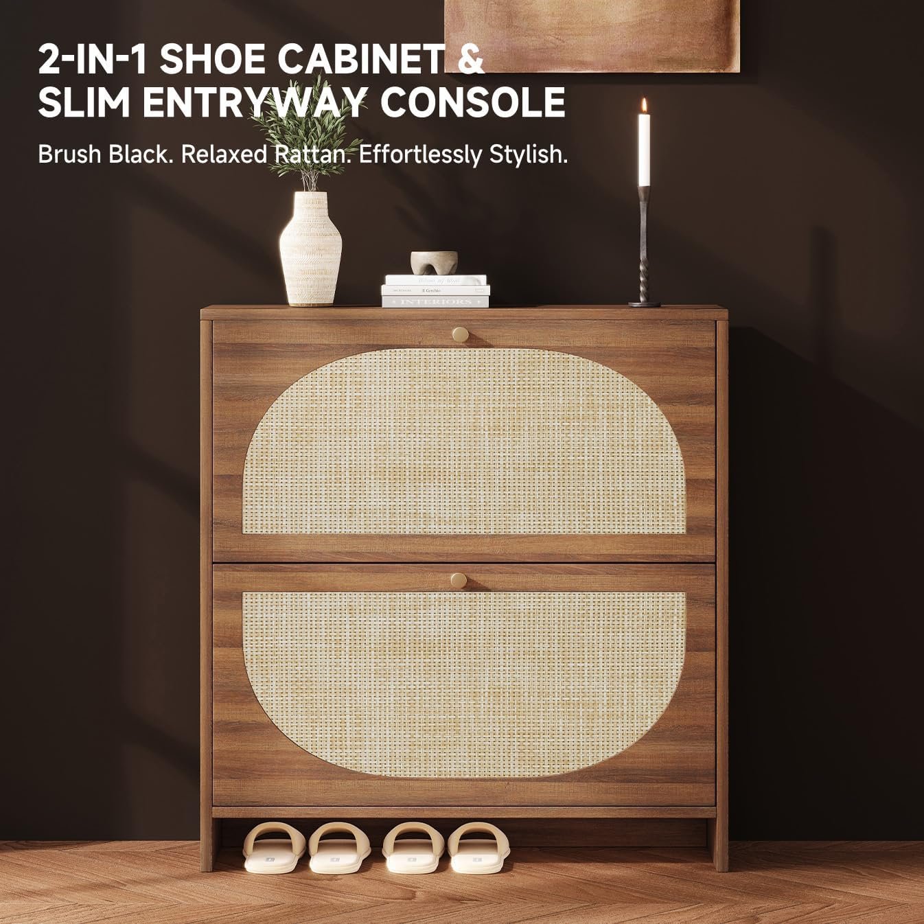 Nicetree Rattan Arched Accent Shoe Storage Cabinet - Freestanding Ultra Slim for Entryway, 2 Flip Drawers & 3-Tier Adjustable Shelves, Farmhouse Modern Rustic Shoe Rack for Hallway, Foyer, Living Room - Image 3