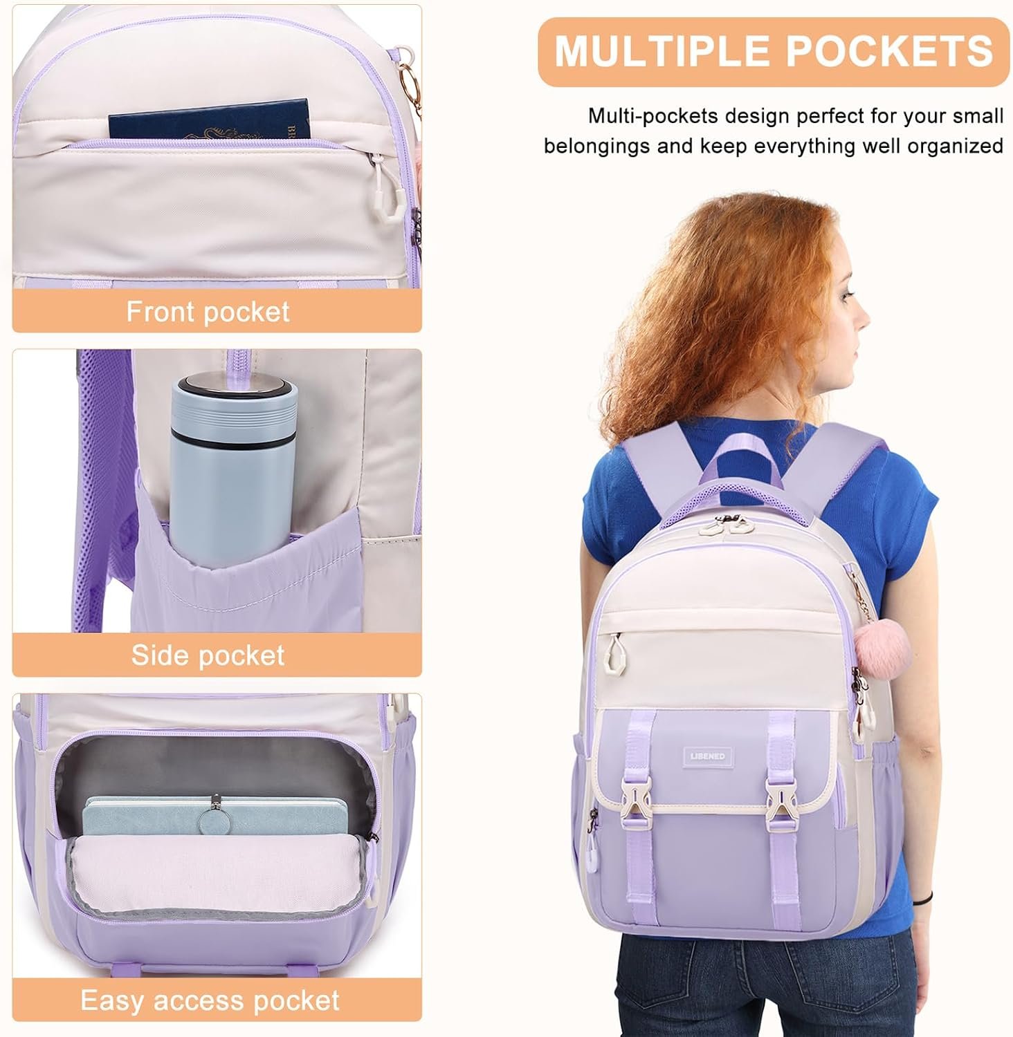 School Backpack for Teen Girls College Students, 15.6 Inch Cute Anti-Theft Bookbag for Middle High School, Large Ergonomic Shoulder Straps Daypack Travel Backpack, Pastel Lilac - Image 5