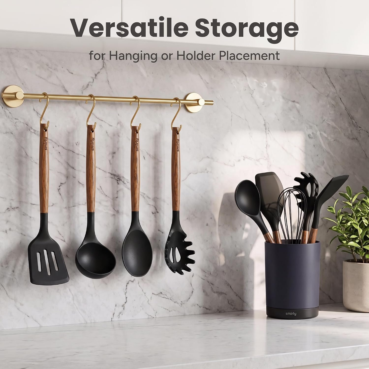 SMIRLY Silicone Kitchen Utensils Set, 22-Piece Acacia Wood Handle, Black - Image 7
