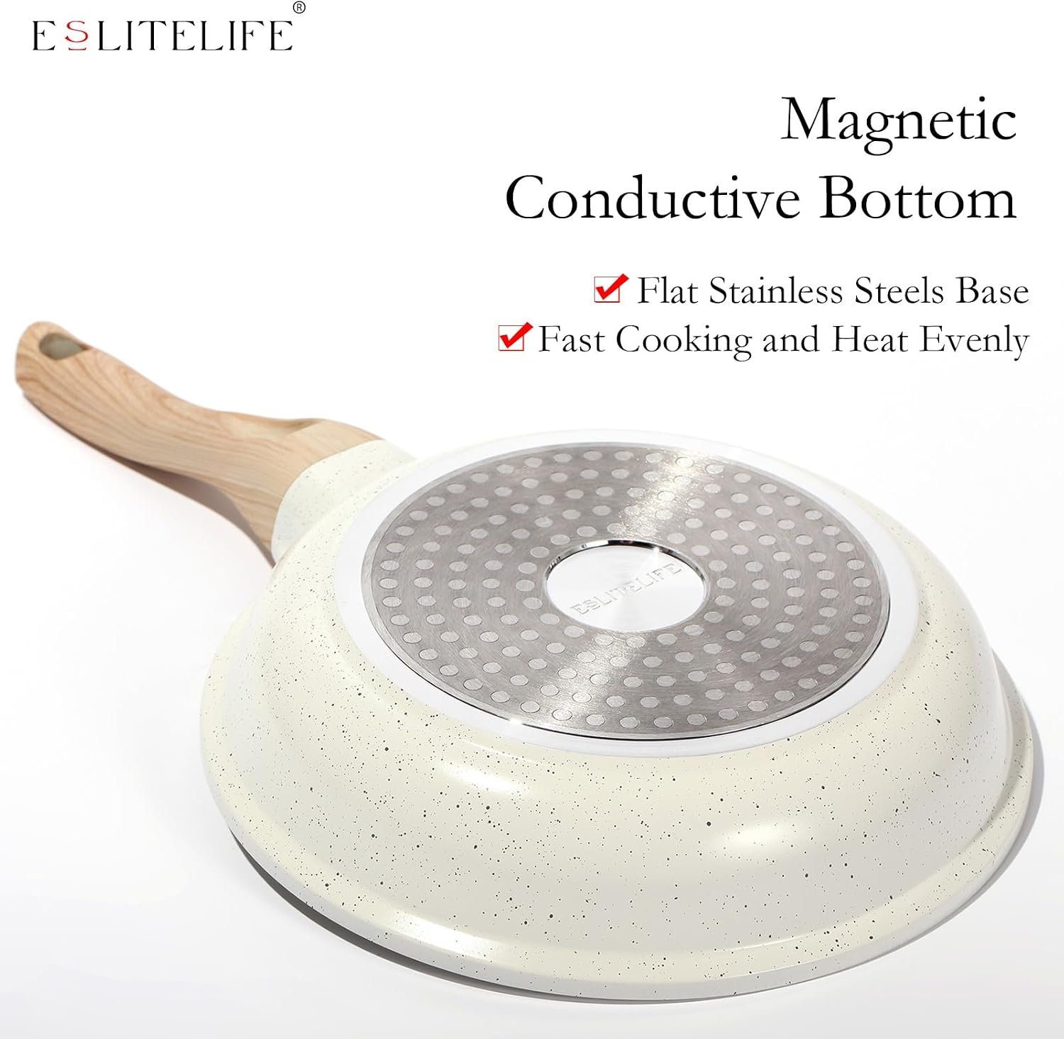 ESLITE LIFE Nonstick Ceramic Frying Pans Skillets Set with Lids, Non-Toxic Egg Omelette Kitchen Cooking Pans Compatible with All Stovetops (Gas, Electric & Induction), PTFE & PFOA Free (White) - Image 7