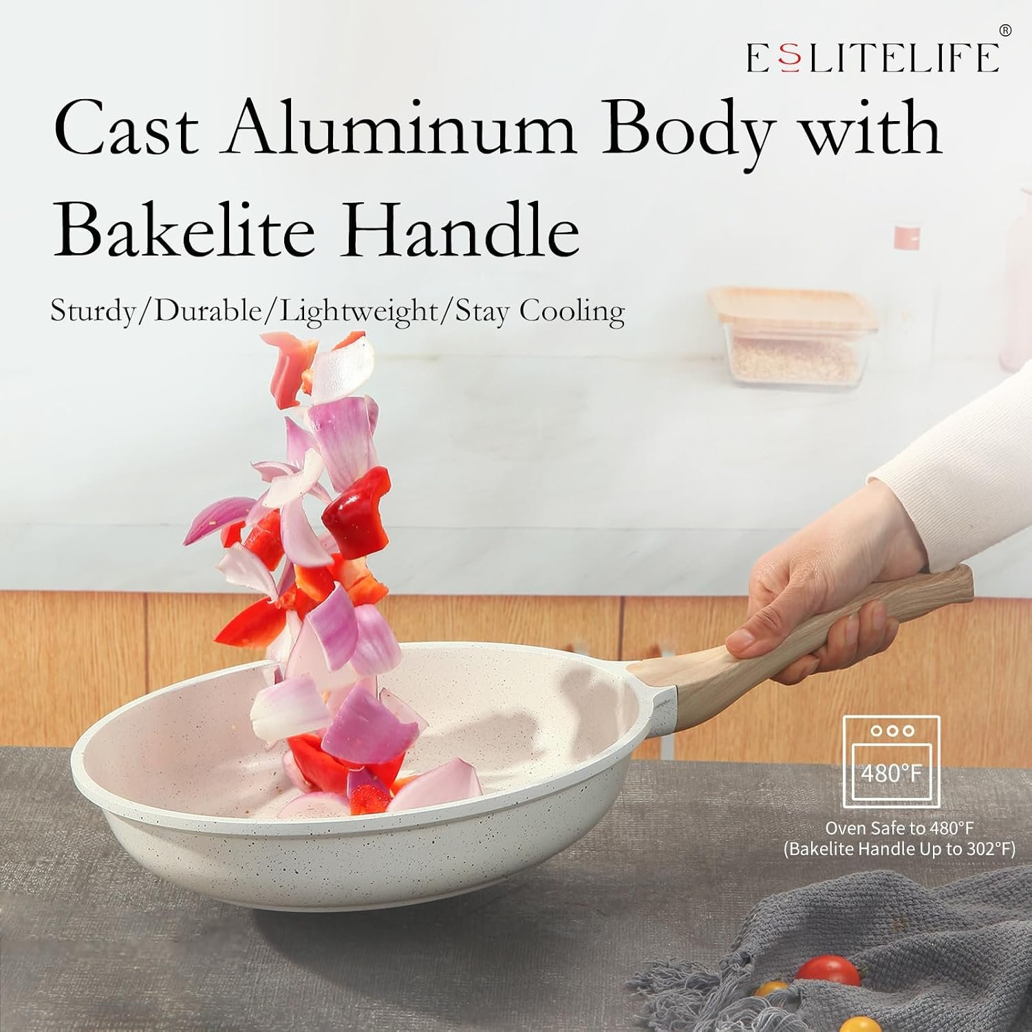 ESLITE LIFE Nonstick Ceramic Frying Pans Skillets Set with Lids, Non-Toxic Egg Omelette Kitchen Cooking Pans Compatible with All Stovetops (Gas, Electric & Induction), PTFE & PFOA Free (White) - Image 5