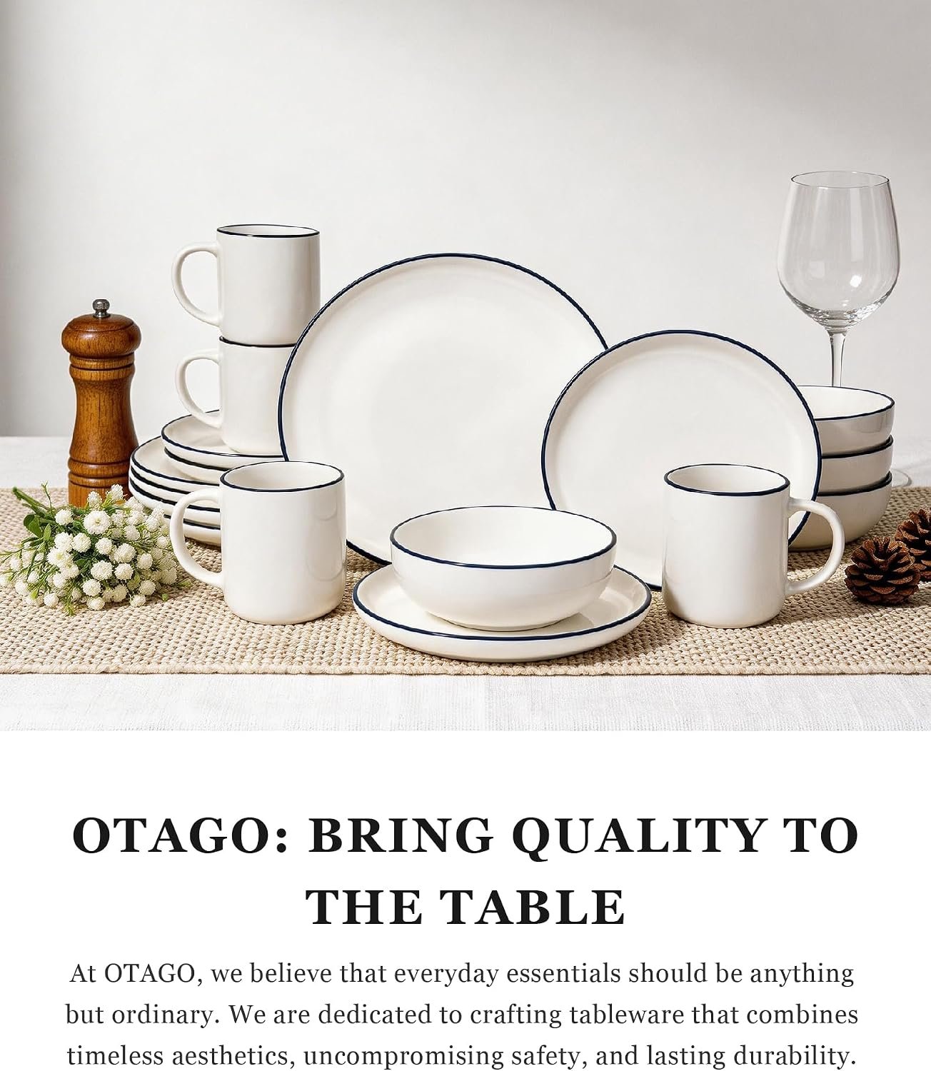OTAGO 8" Stoneware Salad and Pasta Bowls Set of 6, Porcelain Ceramic Bowls with Black Rim, Microwave & Dishwasher Safe Tableware for Kitchen, Dinner & Dining - Image 7