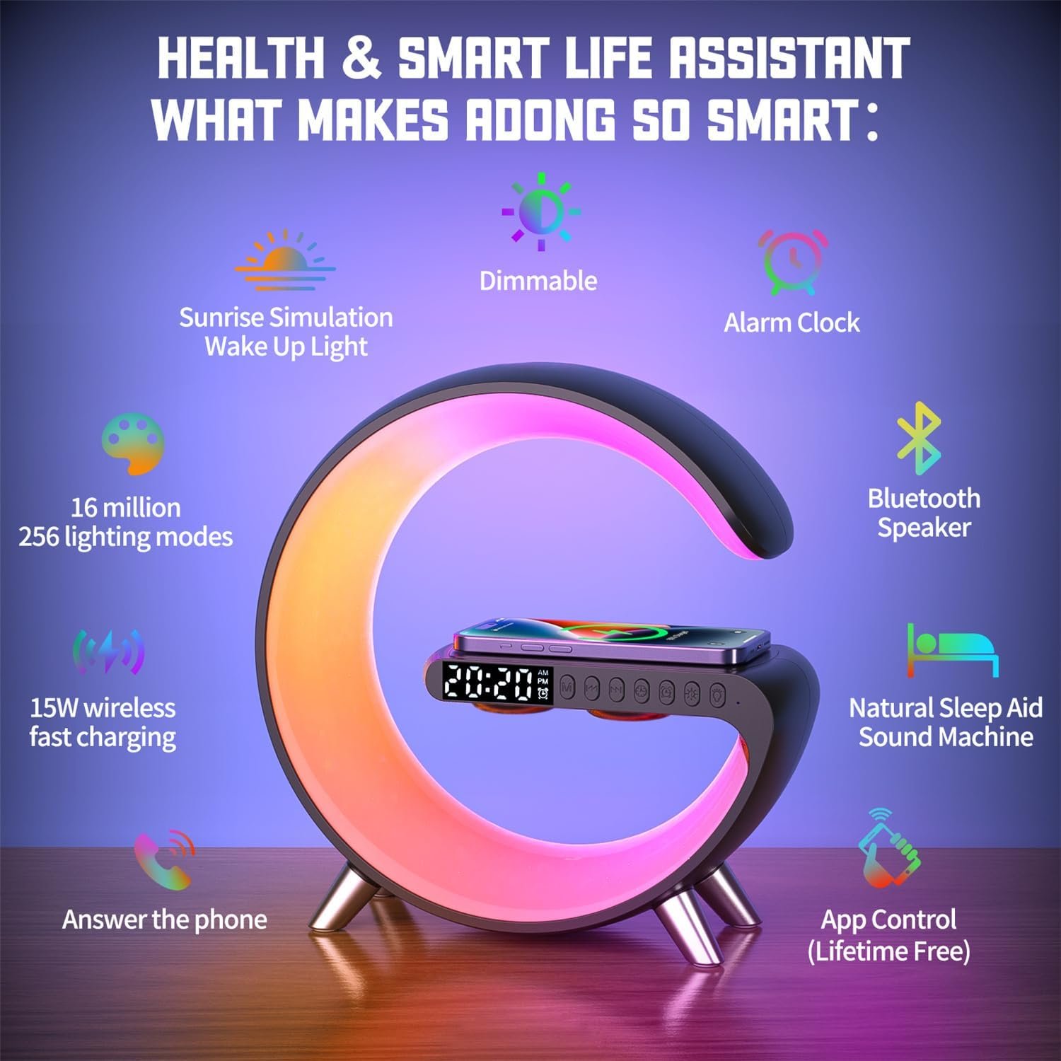 Smart LED Table Lamp, 4-in-1 Wireless Charger, Night Light, Alarm Clock, Bluetooth Speaker with App Control, Bedside Lamp with Charging Station for Bedroom, Office, Home Decor, Teen Girls Boys Gifts - Image 4