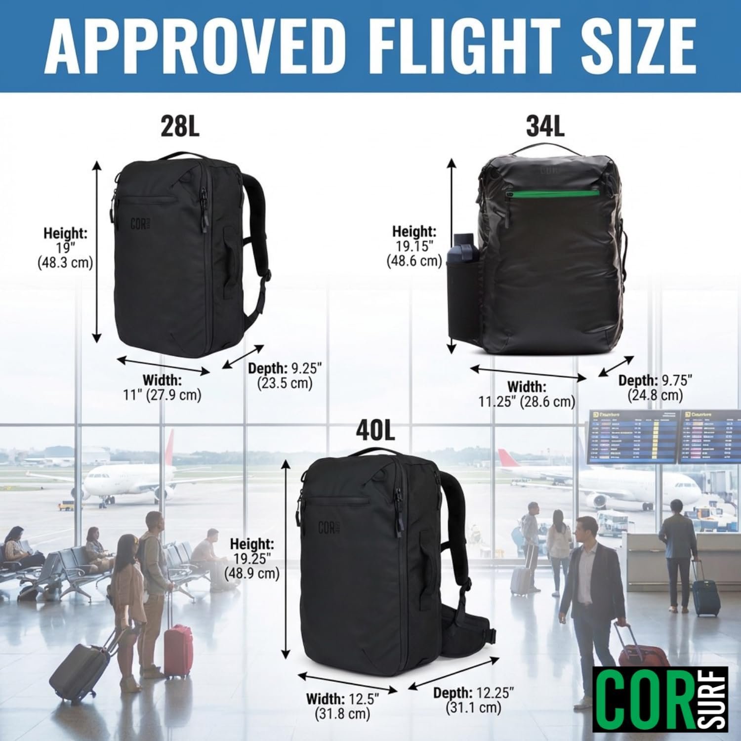COR Surf Carry On Travel Backpack Bundle | Island Hopper Travel Backpack with Toiletry Bag and Compression Packing Cube Set (28L, Black) - Image 8