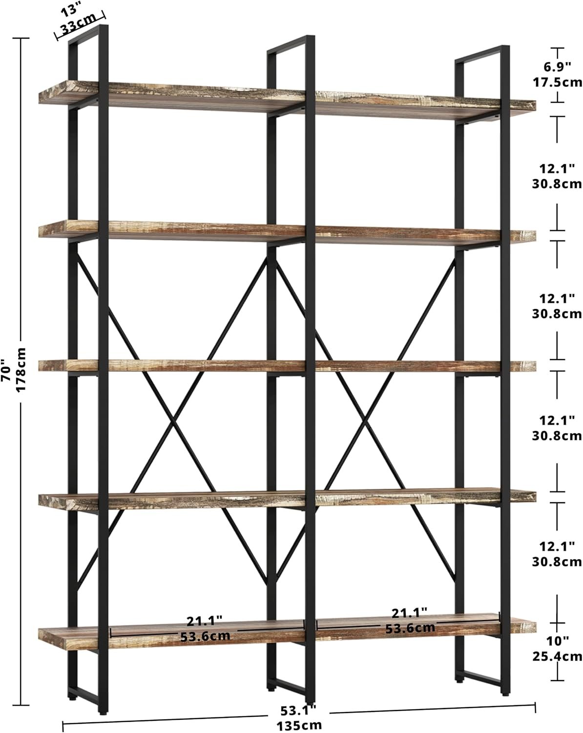 IRONCK Bookshelf, Double Wide 5-Tier Open Bookcase Vintage Industrial Large Shelves, Wood and Metal Etagere Bookshelves, for Home Decor Display, Office Furniture, 13D x 53.1W x 70H in - Image 2