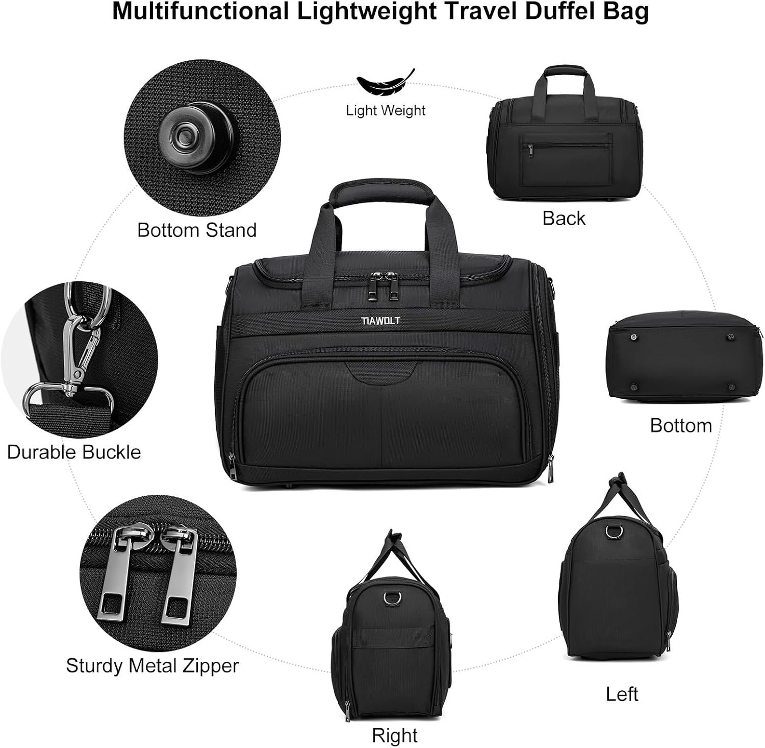 Foldable Carry-On Luggage Bag Lightweight & Durable Overnight Weekender Duffle Carry On Bag with Luggage Sleeve Hospital Bag or Airplane Travel Bag for Women and Men,Black - Image 7