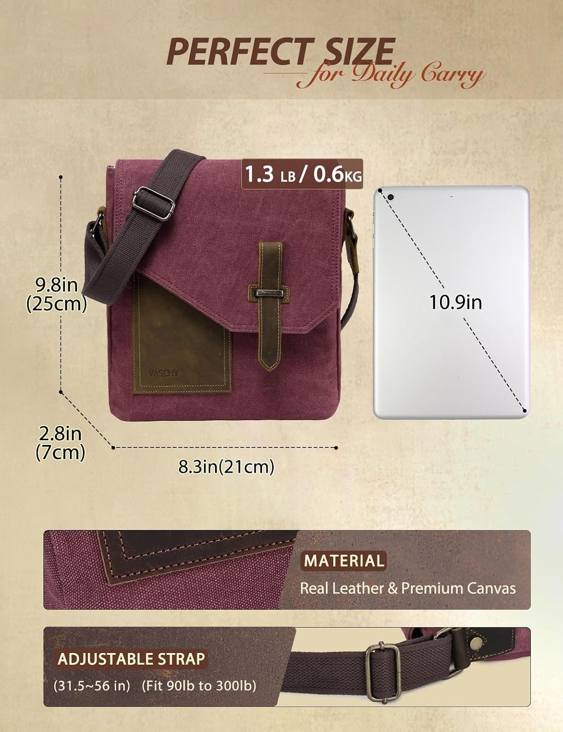 VASCHY Messenger Bag for Men & Women, Genuine Leather with Canvas, Vintage Anti-Theft Crossbody Bag for Men - Image 2