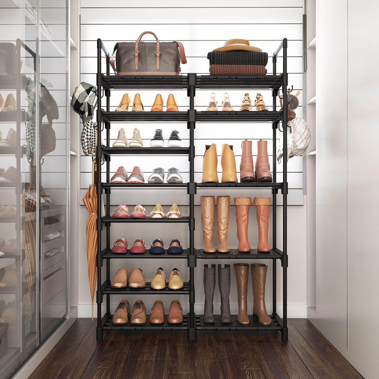 ROJASOP Shoe Rack Organizer, 8-Tier Metal Shoe Rack for Closet Entryway Garage, 26-32 Pairs Tall Shoe Boot Storage Shelf with 15 Hooks, Stackable Large Shoe Stand - Image 7