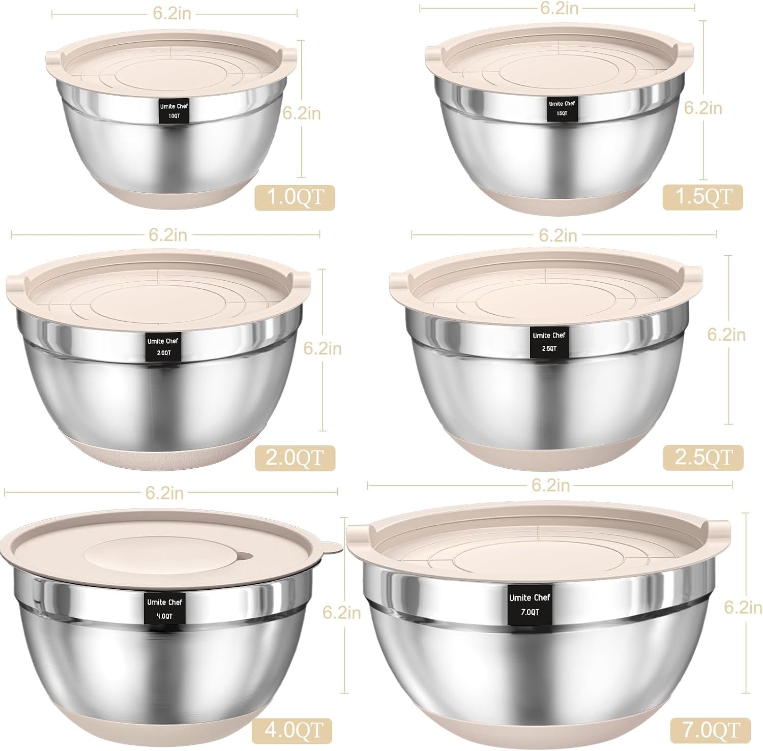 Mixing Bowls with Airtight Lids Set, 26PCS Stainless Steel Khaki Bowls with Grater Attachments, Non-Slip Bottoms & Kitchen Gadgets Set, Size 7, 4, 2.5, 2.0,1.5, 1QT, Great for Mixing & Serving - Image 2