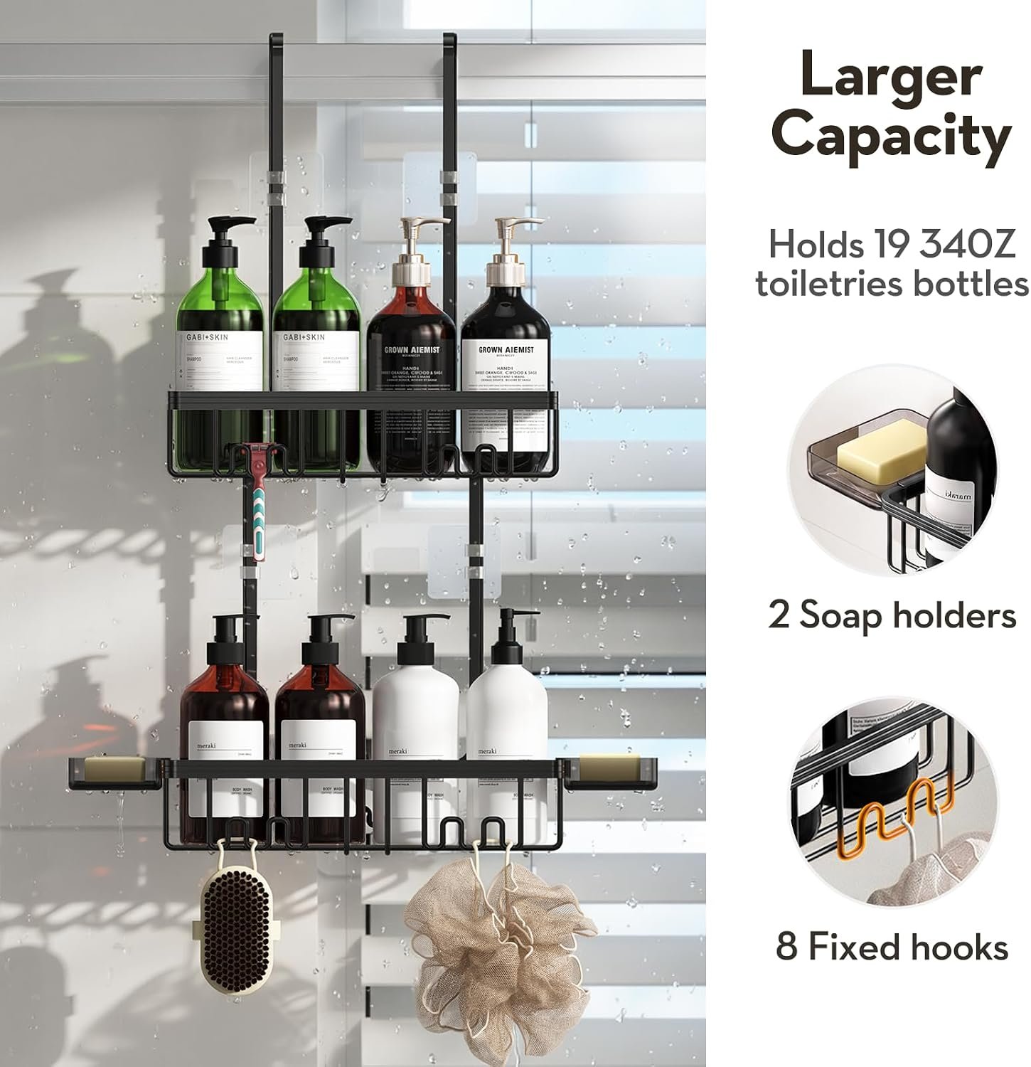 Over the Door Shower Caddy Hanging With Double Soap Holder Never Rust Aluminum Shower Shelf With 4 Hooks Hanging Bathroom Organizer No Drilling Shelves for Bathroom Storage Black - Image 3