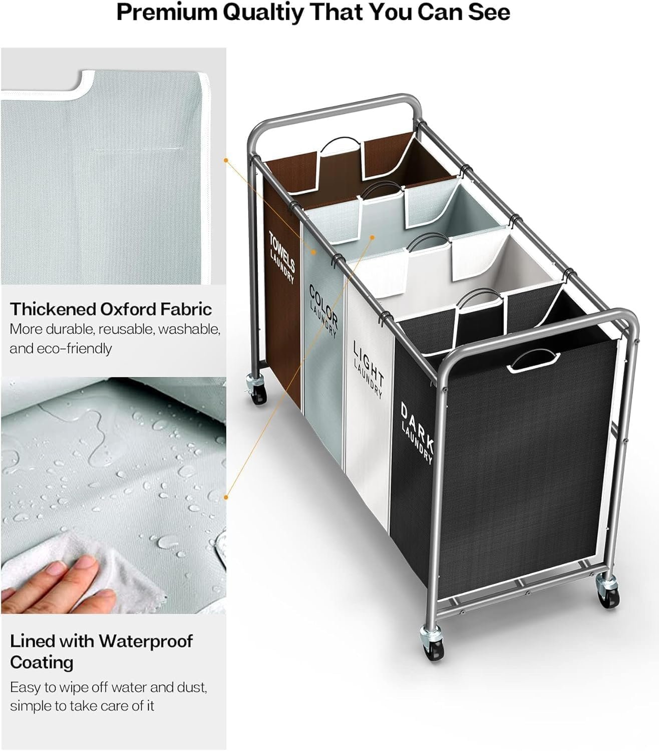 ROMOON Laundry Hamper Sorter Cart, 4-Section Organizer with Lockable Wheels - Image 4