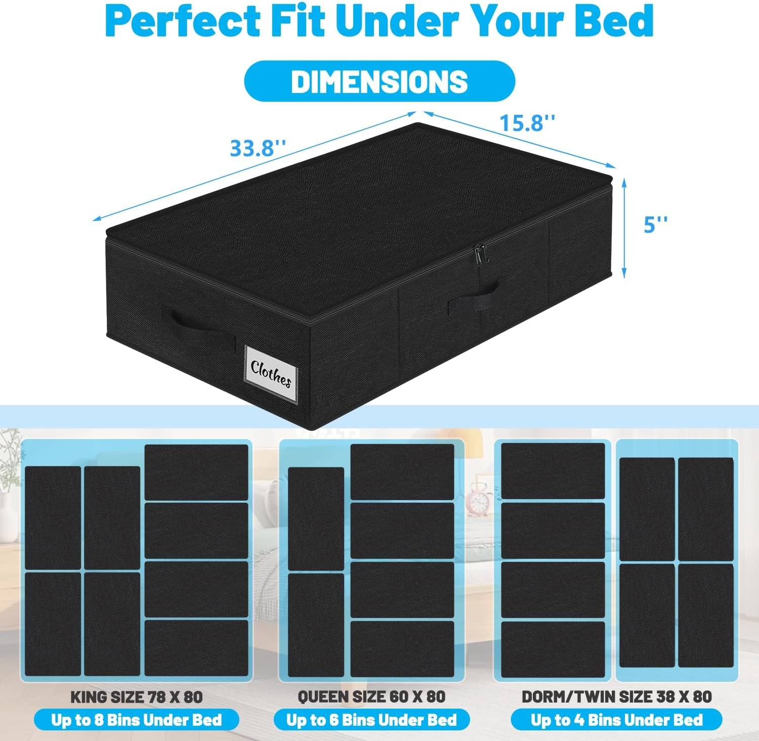 Under Bed Storage Container Bins 2 Pack, 5 Inch Thin Low Profile Underbed Clothes Storage Organizer for Dorm & Home, Use for Blanket and Toy Storage Box W/ Sturdy Bottom/Sides, Foldable Thick Fabric - Image 2