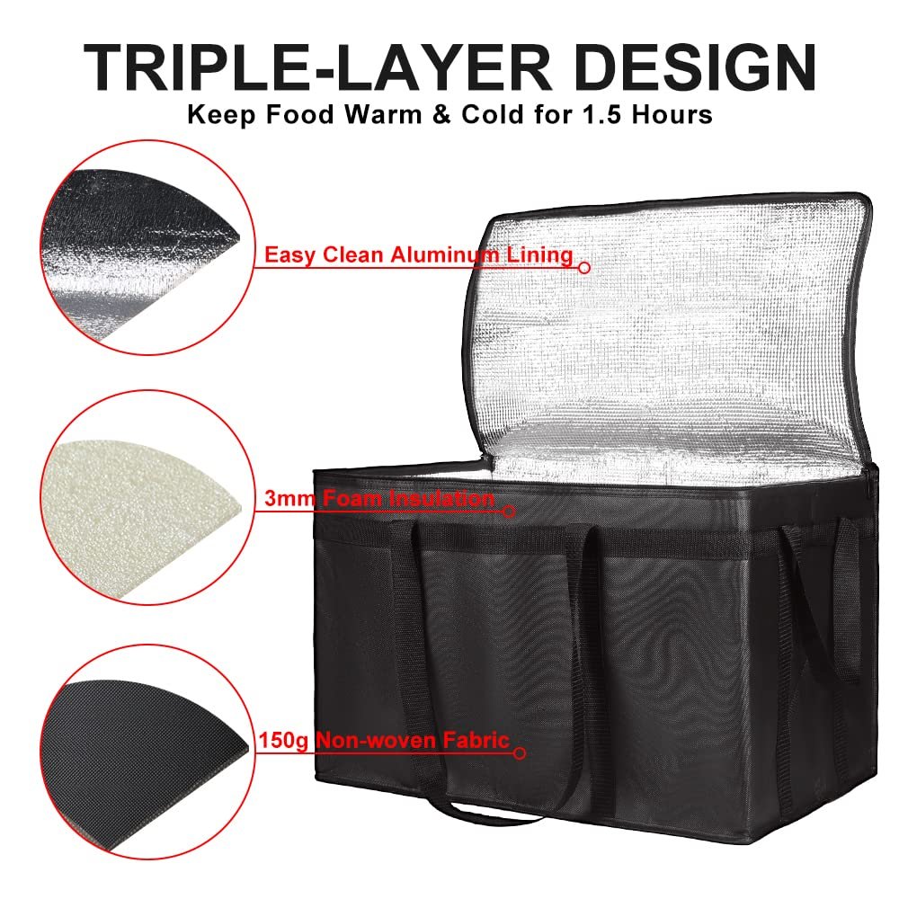 Insulated Food Delivery Bag, XXXL Insulated Reusable Grocery Cooler/Hot Bags, Tote Bag for Shopping/Travel/Doordash, Catering Bag Doordash 22x14x13, Black, 1-Pack - Image 4