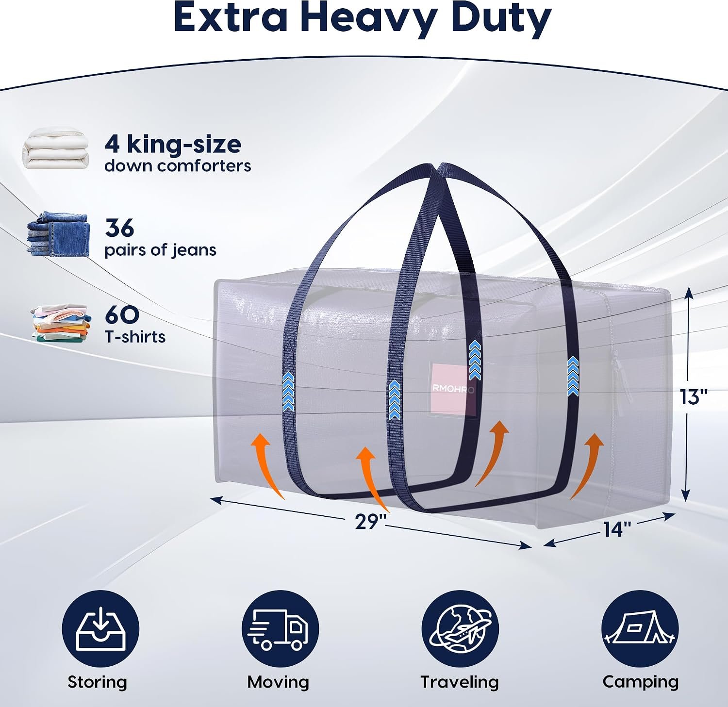 6 Pack Moving Bags Heavy Duty 210GSM with Full-Open Side Zipper, 93L 220lbs Waterproof Foldable Storage Totes for College Dorm Move-In, Moving Boxes Alternative & Home Organization, Blue - Image 2
