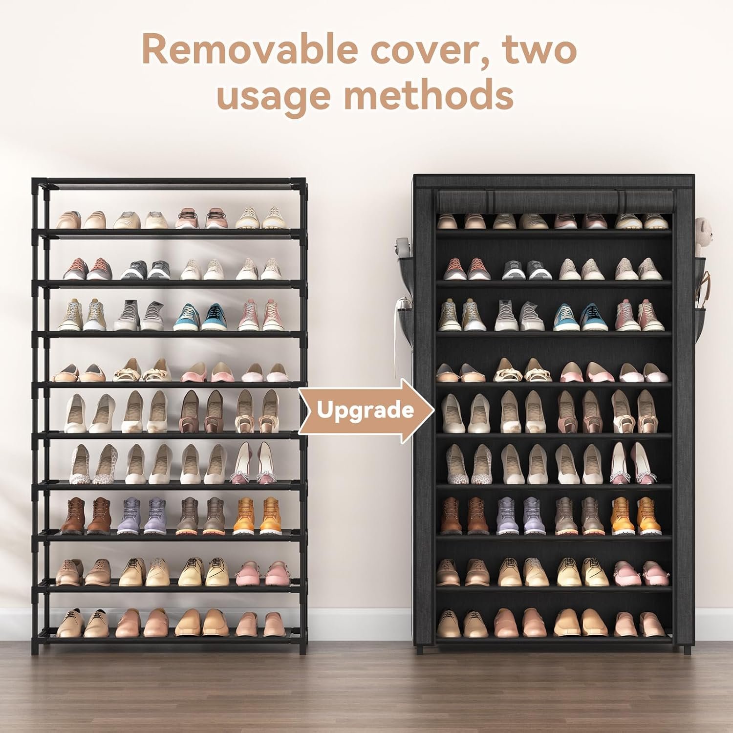 LANTEFUL Shoe Rack with Covers - 10 Tiers Tall Shoe Rack Organizer Large Capacity Shoe Shelf Storage 40 Pairs Space Saving Vertical Shoe Storage Organizer for Closet, Entryway, Dorm, Bedroom - Image 5