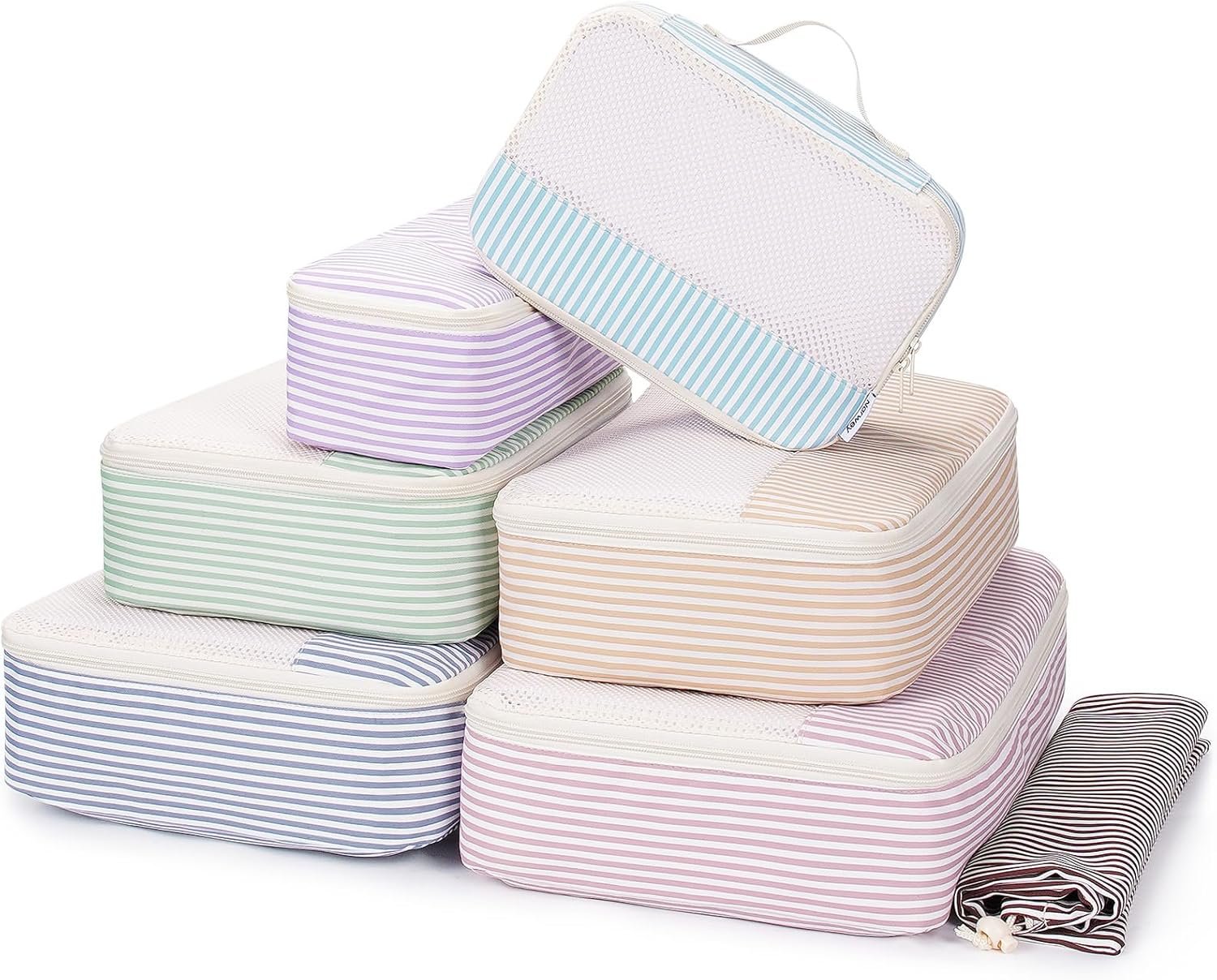 Narwey 7 Set Striped Packing Cubes for Travel Carry on Suitcase Luggage Organizer Bags for Kids Women Men, Durable Packing Organizers Bag, Travel Essentials Accessories (Stripe Combined)