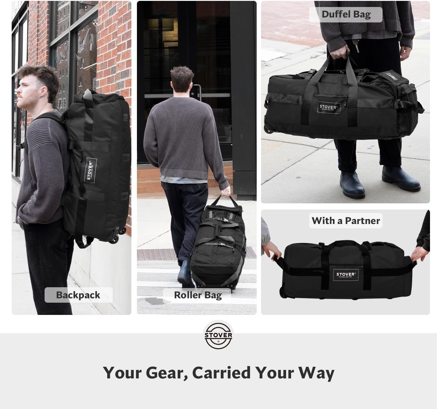 STOVER 45/80/100L Rolling Duffel Bag with Wheels, X-Large Durable Travel Duffle + Toiletry Bag, Heavy Duty, Packable with Shoulder Straps- Use as Luggage or Backpack, Men/Women (Black) - Image 4