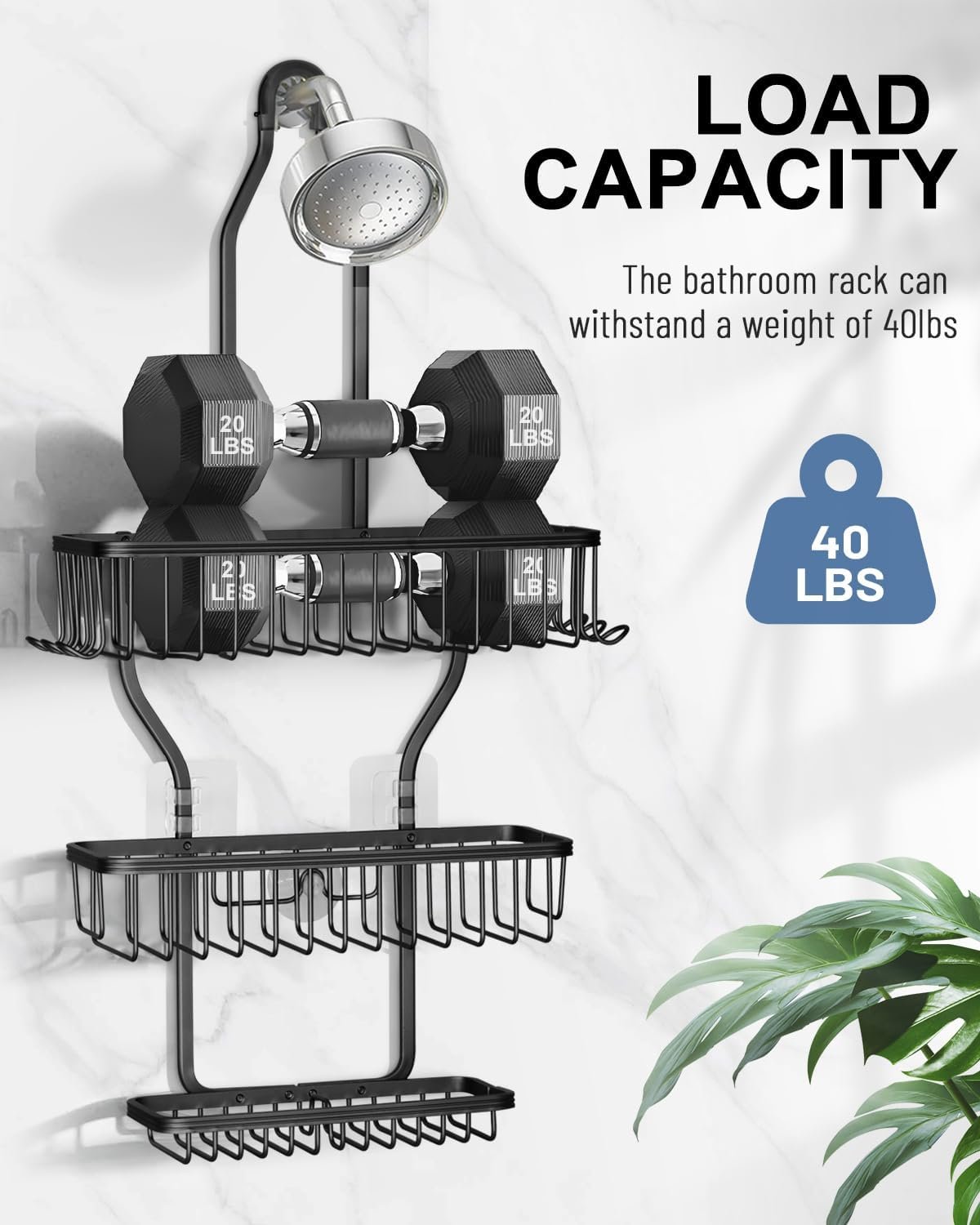 Shower Caddy Hanging - Never Rust Shower Hanging Organizer - Aluminum Over the ShowerHead Caddy with Soap Basket and 6 Hooks for Razor/Sponge (Black) - Image 6