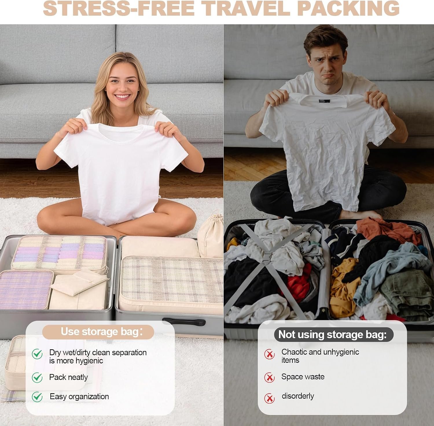 8 Set Packing Cubes for Travel, Suitcase Organizer Bags for Luggage (Cream) - Image 6
