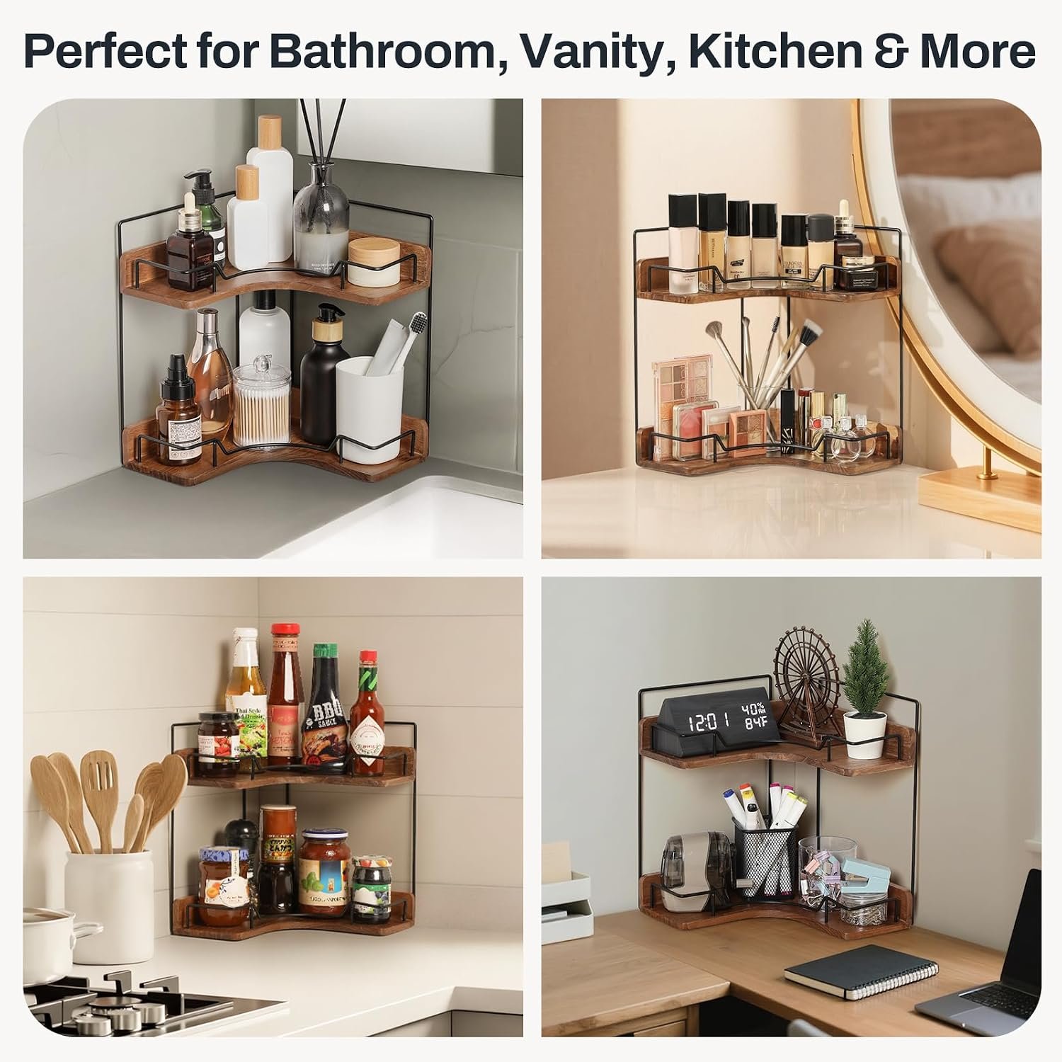 2-Tier Bathroom Counter Organizer, Wooden Corner Shelf for Vanity Countertop Skincare & Makeup, Storage and Organization for Kitchen - Image 7
