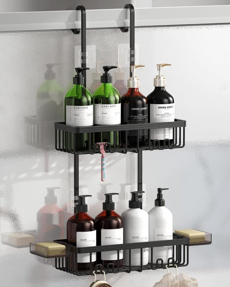 Over the Door Shower Caddy Hanging With Double Soap Holder Never Rust Aluminum Shower Shelf With 4 Hooks Hanging Bathroom Organizer No Drilling Shelves for Bathroom Storage Black